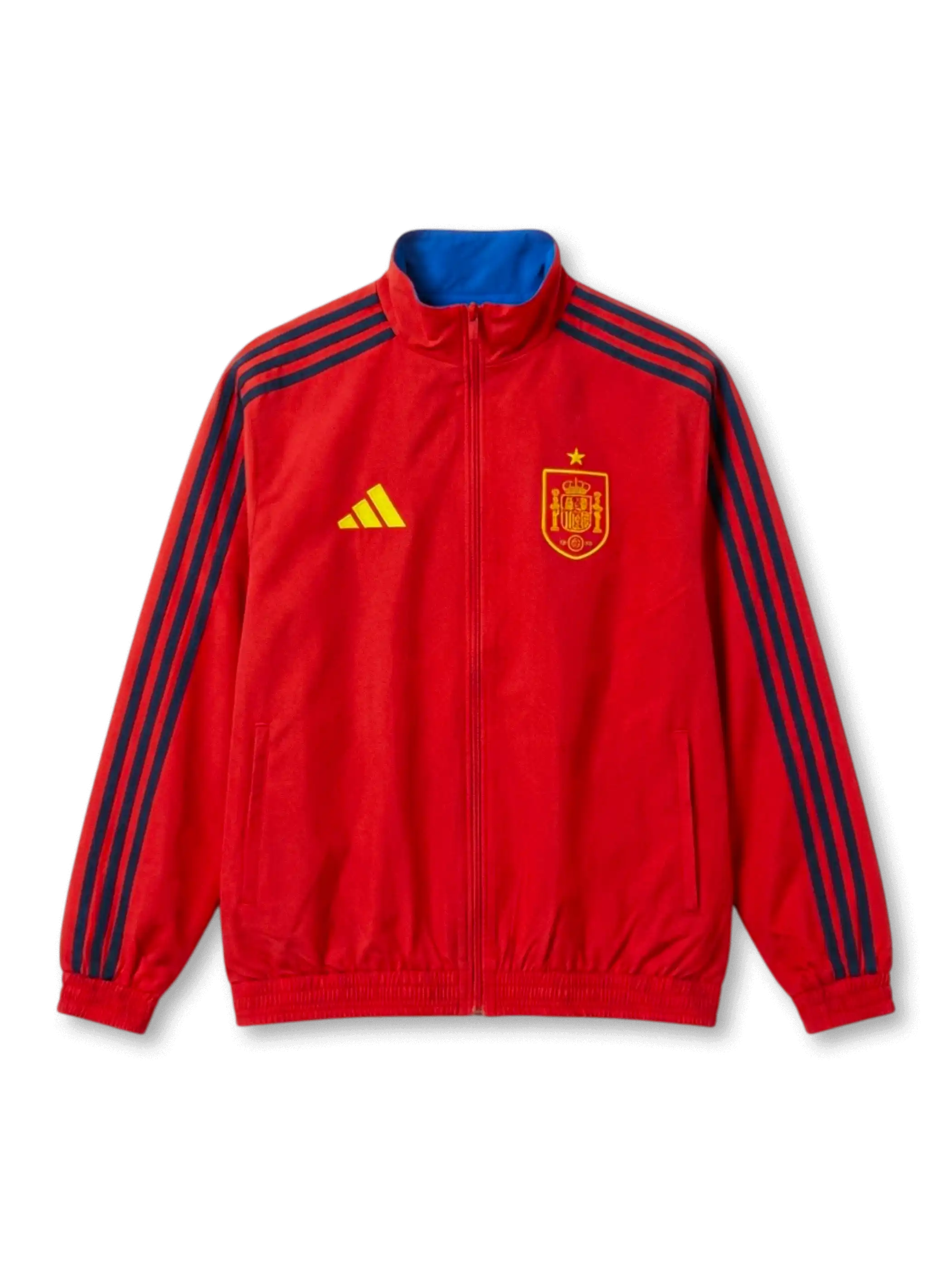 スペイン代表×adidasリバーシブルトレーニングジャケット・ブルー面、ロイヤルブルー円形ジャカード総柄・イエローadidasロゴ・1星RFEFエンブレム・レッドジップ