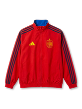 スペイン代表×adidasリバーシブルトレーニングジャケット・ブルー面、ロイヤルブルー円形ジャカード総柄・イエローadidasロゴ・1星RFEFエンブレム・レッドジップ