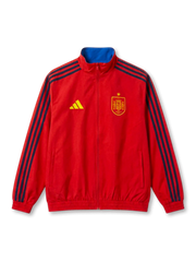 スペイン代表×adidasリバーシブルトレーニングジャケット・ブルー面、ロイヤルブルー円形ジャカード総柄・イエローadidasロゴ・1星RFEFエンブレム・レッドジップ