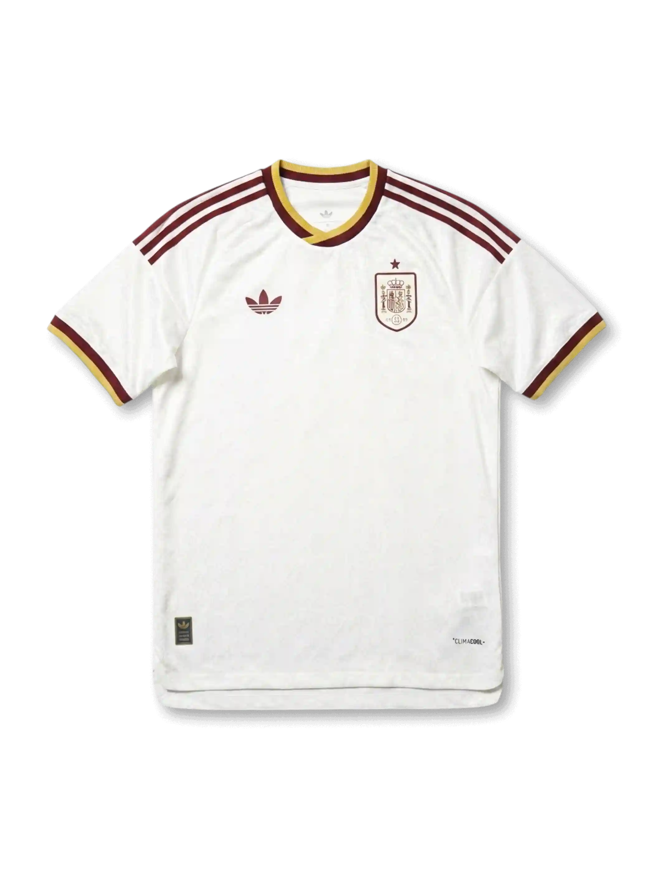 スペイン代表 2026 FIFAワールドカップ アウェイ Authentic フロント(オフホワイト地+バーガンディ3ストライプ肩+ゴールド×バーガンディ2トーンリブ+RFEF王室紋章+adidas Originalsトレフォイル)