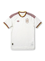 スペイン代表 2026 FIFAワールドカップ アウェイ Authentic フロント(オフホワイト地+バーガンディ3ストライプ肩+ゴールド×バーガンディ2トーンリブ+RFEF王室紋章+adidas Originalsトレフォイル)