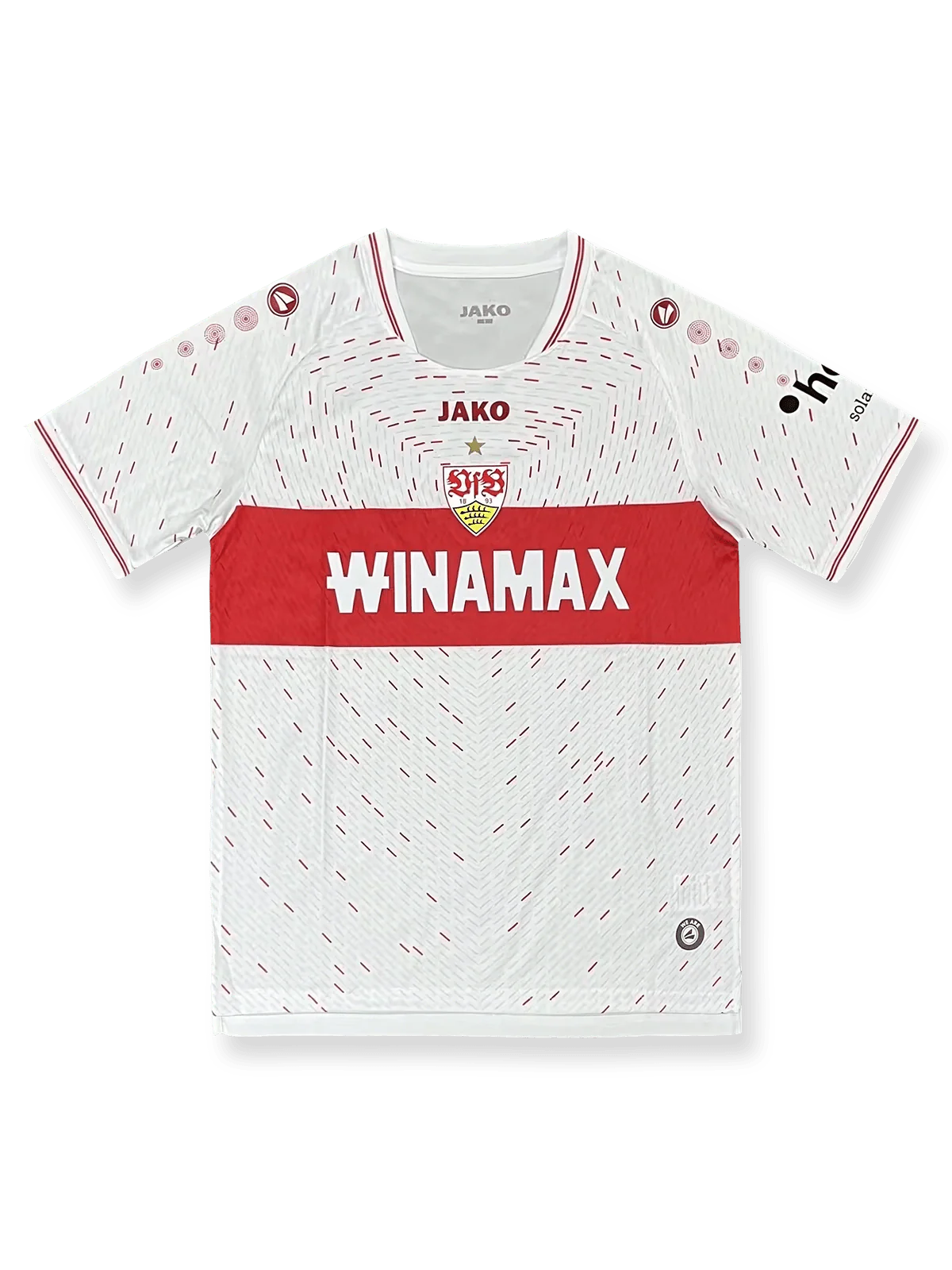 2023/24シーズンのVfBシュトゥットガルトホームユニフォーム、赤い胸帯と3Dエンブレムが特徴