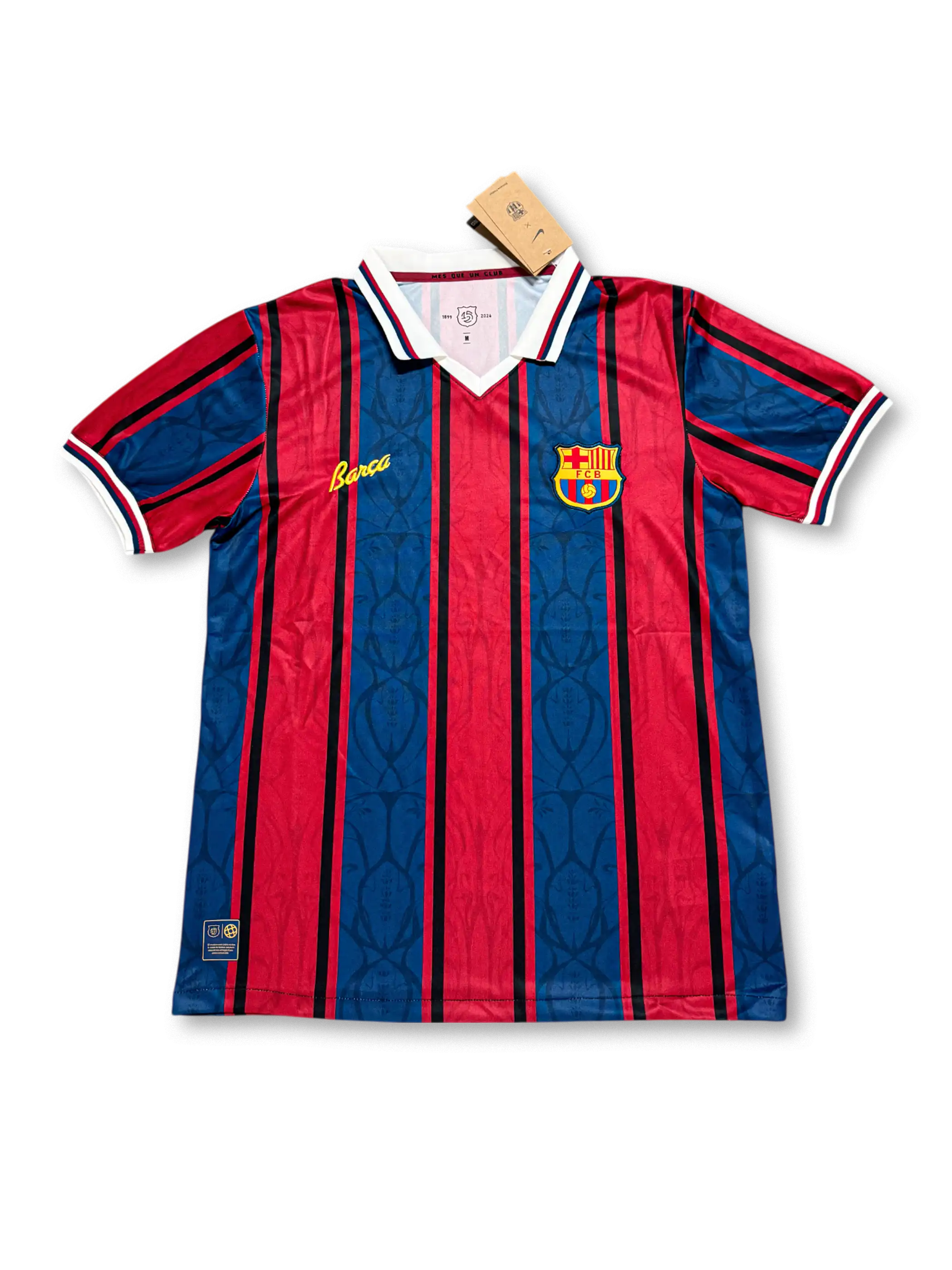 2023–24シーズンFCバルセロナホーム125周年エディションジャージ、クラシックブルーとダークブルーを基調にゴールドのアクセントを施したモダンデザイン。