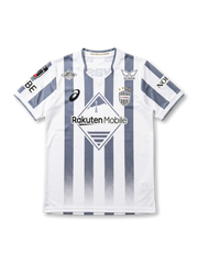 ヴィッセル神戸 2026/27 アウェイジャージ 前面 — ホワイト×スレートグレー縦ストライプ×Rakuten Mobileロゴ×四星エンブレム×Jリーグパッチ