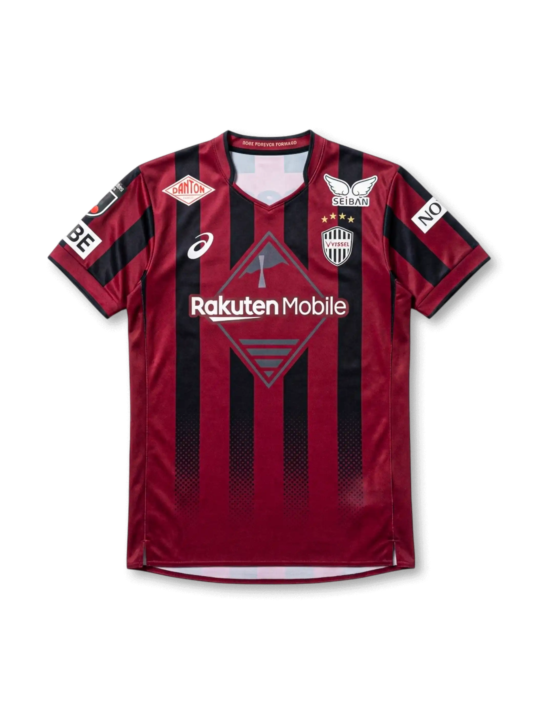 ヴィッセル神戸 2026/27 ホームジャージ 前面 — ワインレッド×ブラック縦ストライプ×Rakuten Mobileロゴ×四星エンブレム×Jリーグパッチ