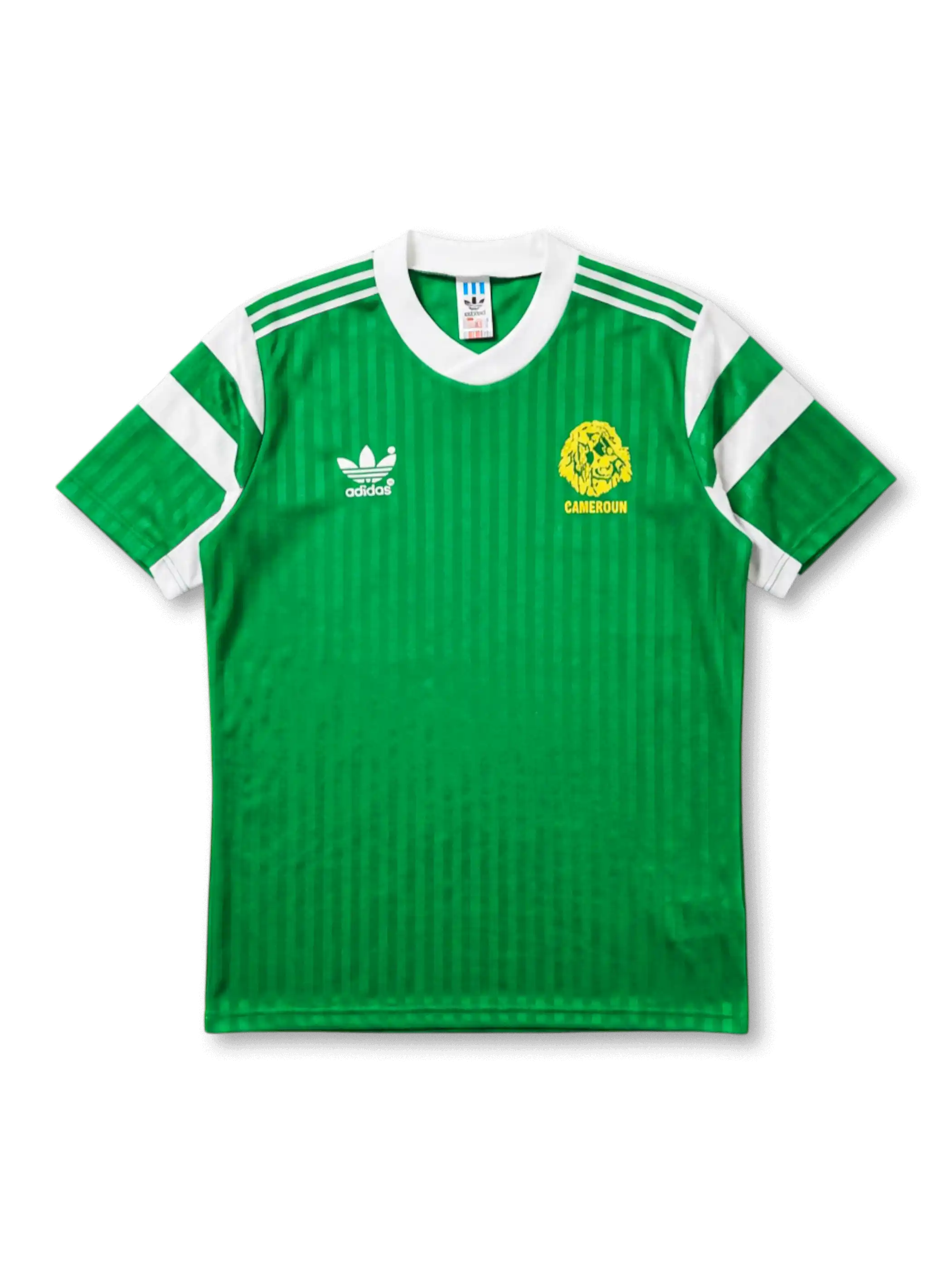 1990カメルーン代表ホーム正面、グリーン縦ストライプ×ホワイトラグラン袖・ゴールドライオンエンブレム