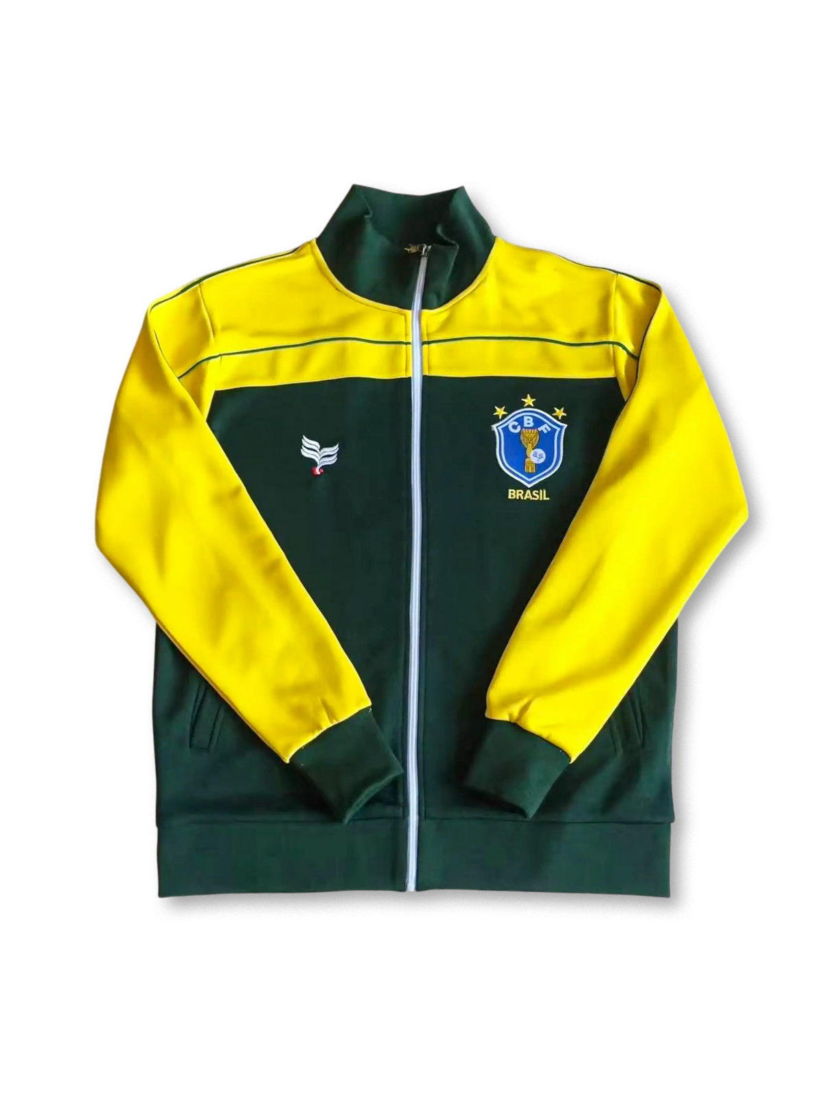 1990年代ブラジル代表トラックジャケット 正面、イエロー×グリーン配色と旧CBFロゴ刺繍