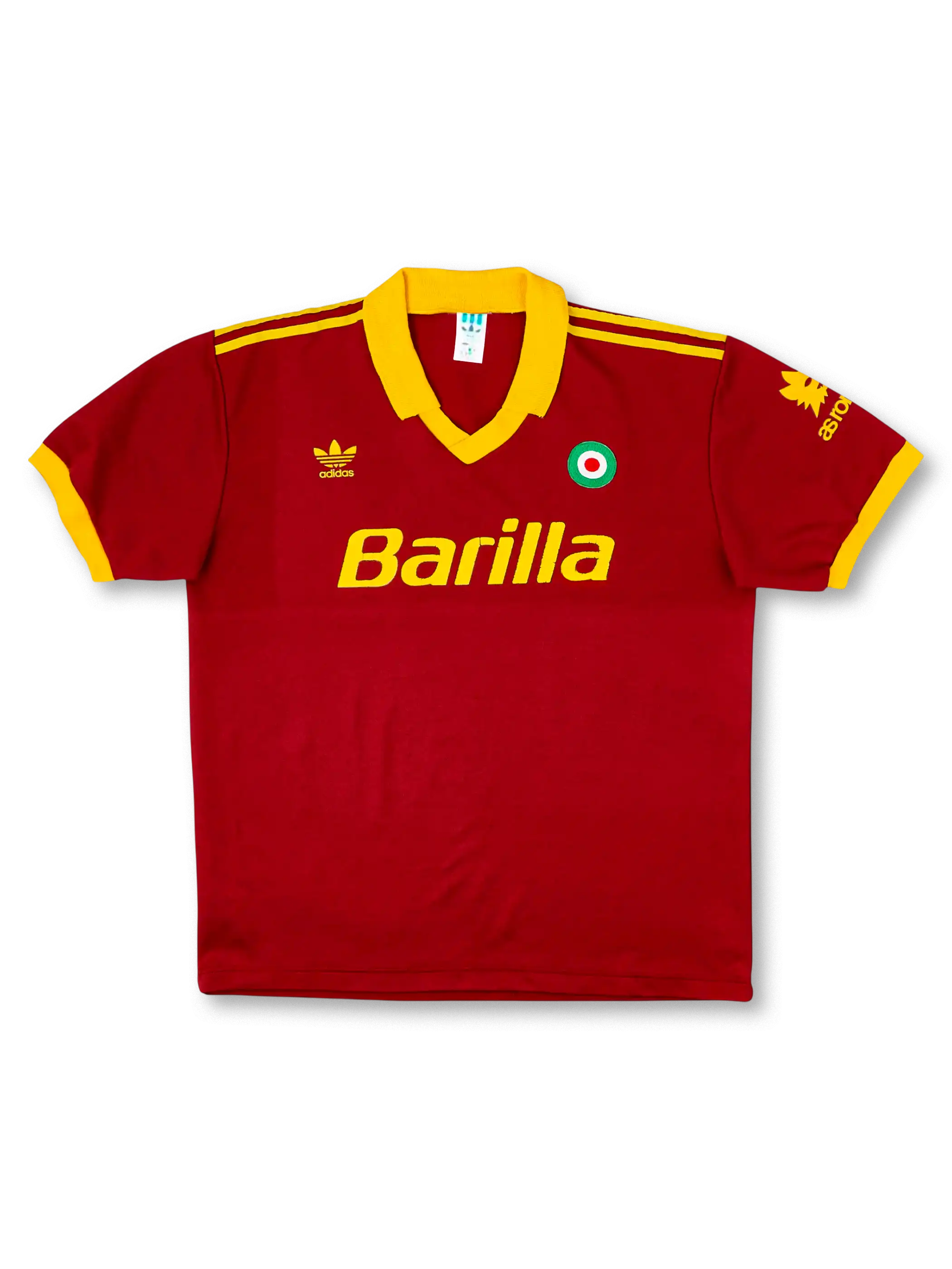 1991-92 ASローマ ホームシャツ 正面 Barilla ロゴとイエローカラーの襟