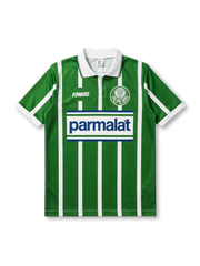 1992パルメイラスホーム正面、グリーン×ホワイト縦ストライプ・parmalatスポンサー・円形エンブレム