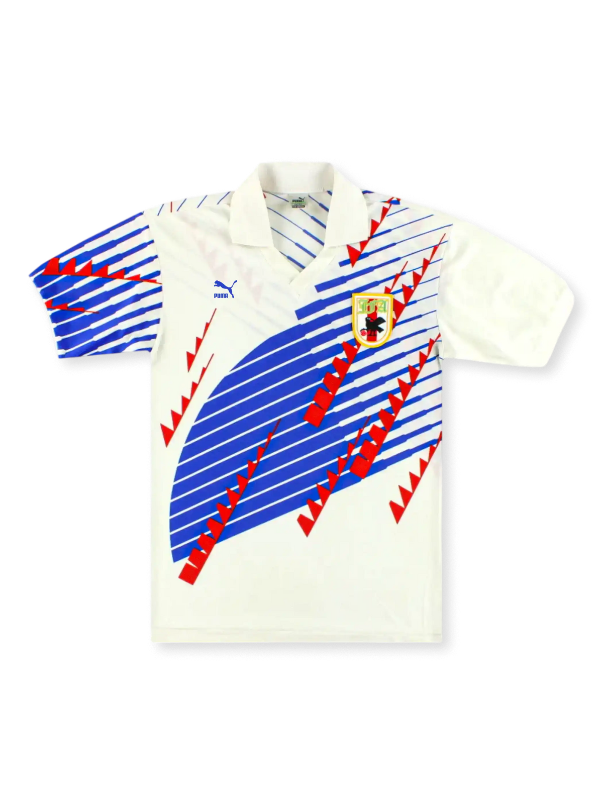 1993年日本代表アウェイジャージ、紺色を基調に日の丸とシンプルラインを配したクリーンデザイン。