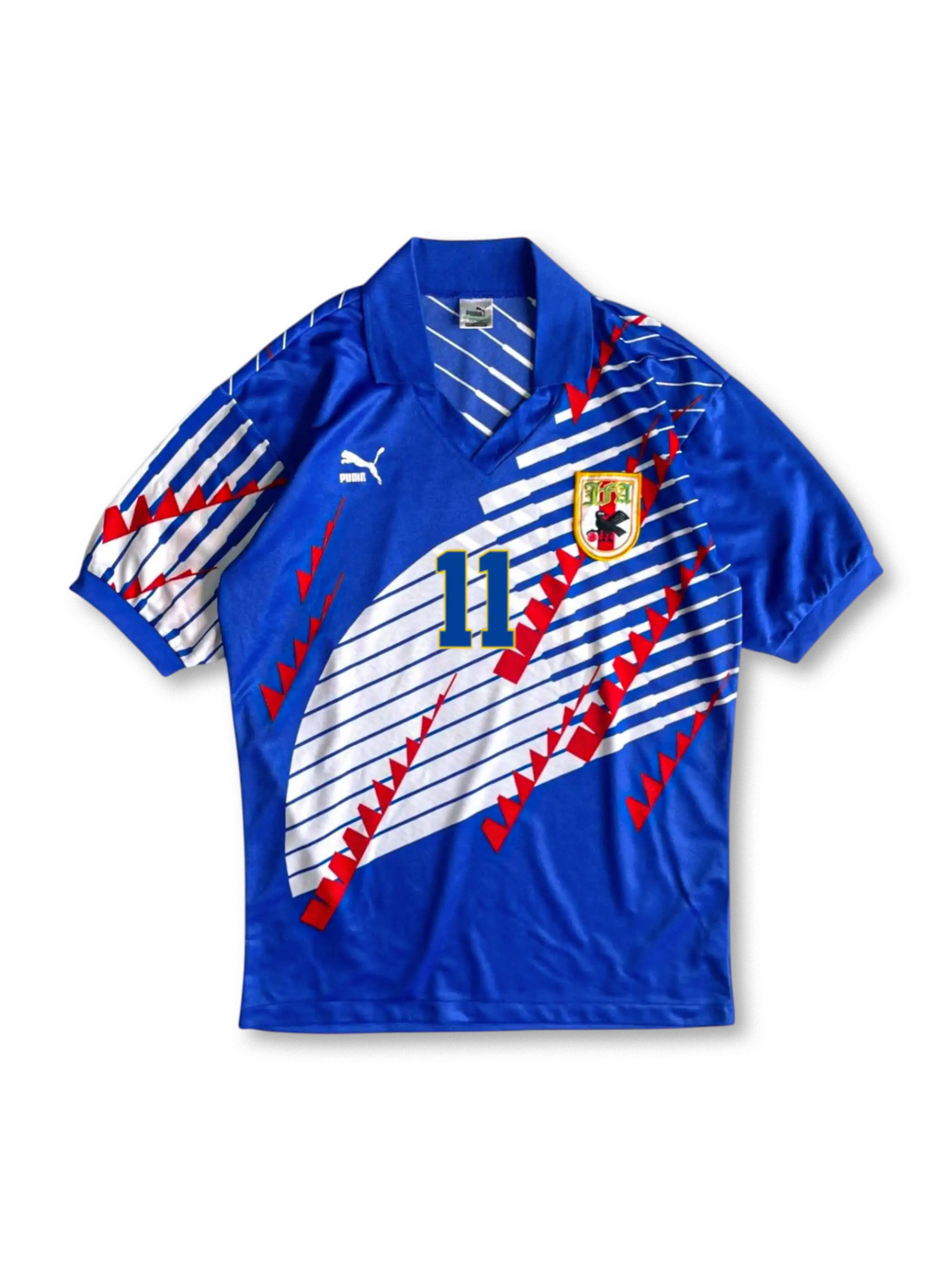 1990年代レトロサッカーユニフォーム。1993年日本代表ホームキット – 三浦知良11番を昇華プリントと高機能素材で再現。