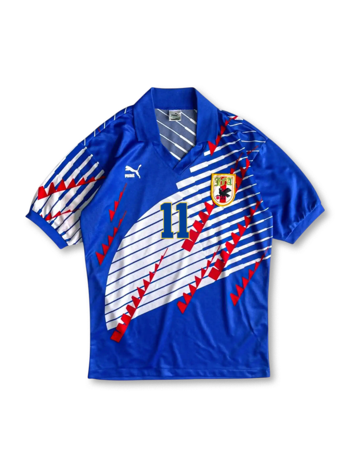 1990年代レトロサッカーユニフォーム。1993年日本代表ホームキット – 三浦知良11番を昇華プリントと高機能素材で再現。