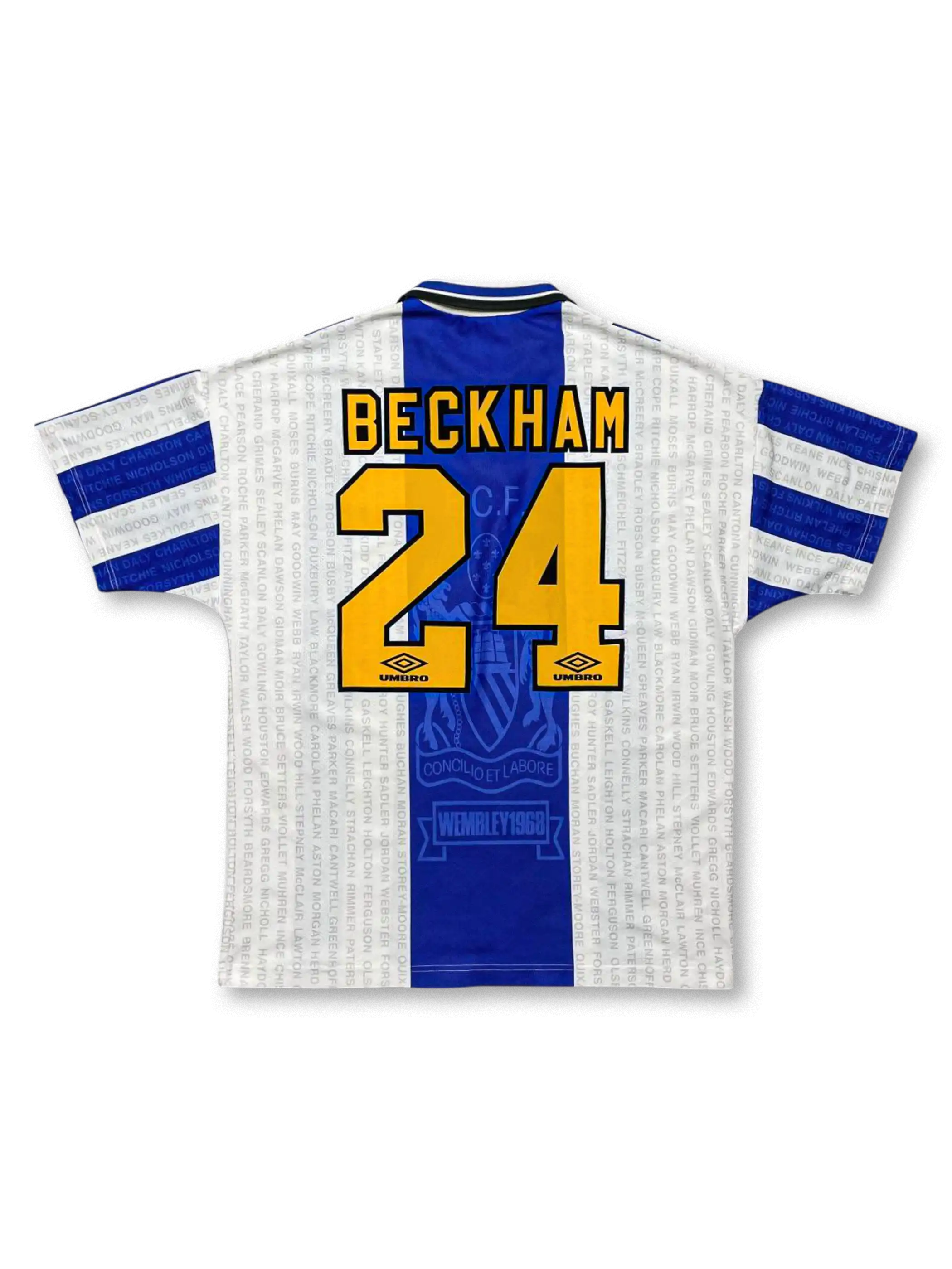 1994-96年マンチェスター・ユナイテッドアウェイユニフォーム、ベッカム24番、Wembley 1968モチーフ入りUMBRO製ビンテージサッカージャージ