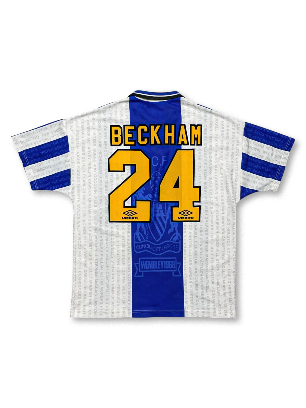 1994-96年マンチェスター・ユナイテッドアウェイユニフォーム、ベッカム24番、Wembley 1968モチーフ入りUMBRO製ビンテージサッカージャージ