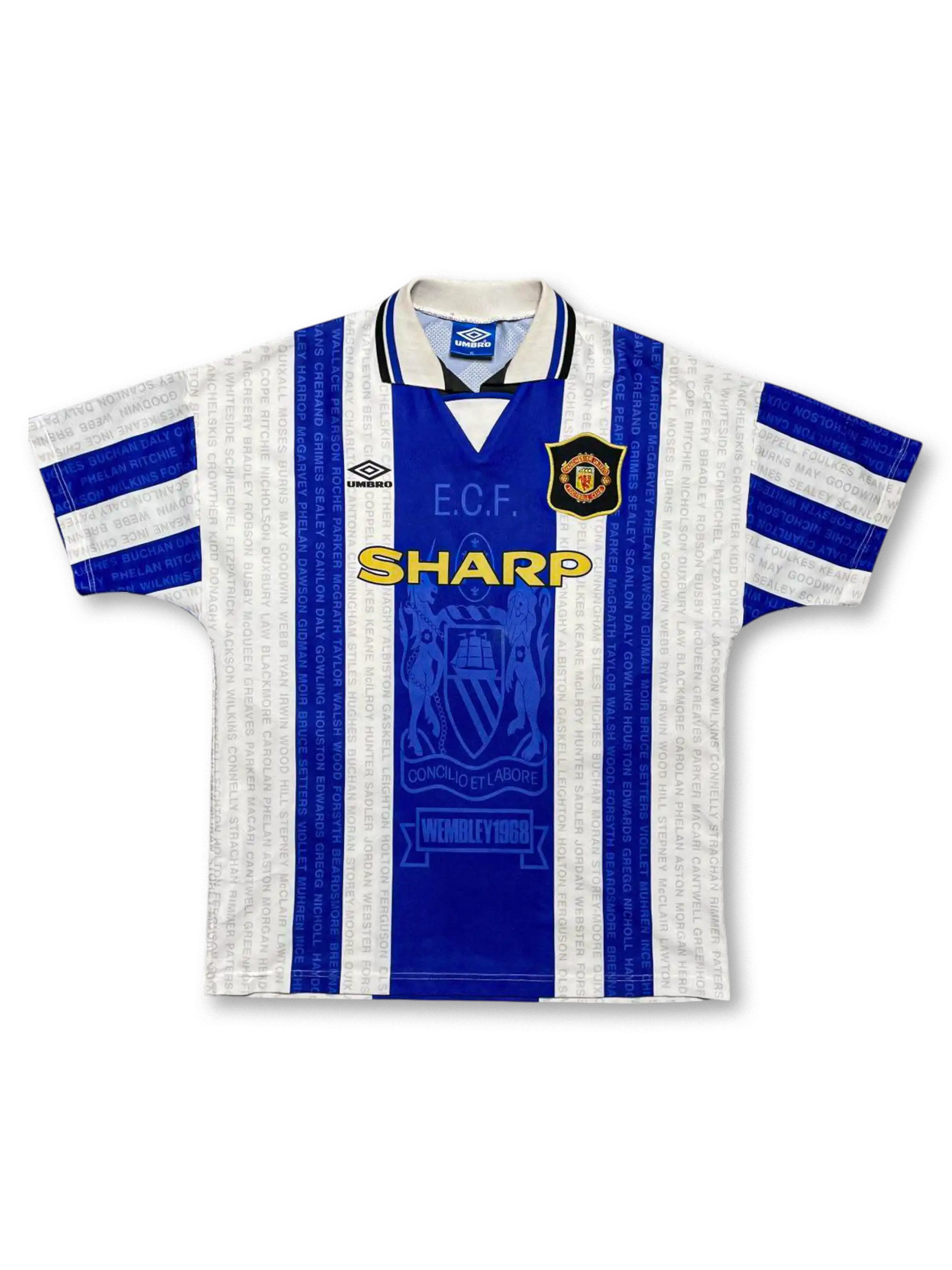 1994-96年マンチェスター・ユナイテッドアウェイユニフォーム、ベッカム24番、Wembley 1968モチーフ入りUMBRO製ビンテージサッカージャージ