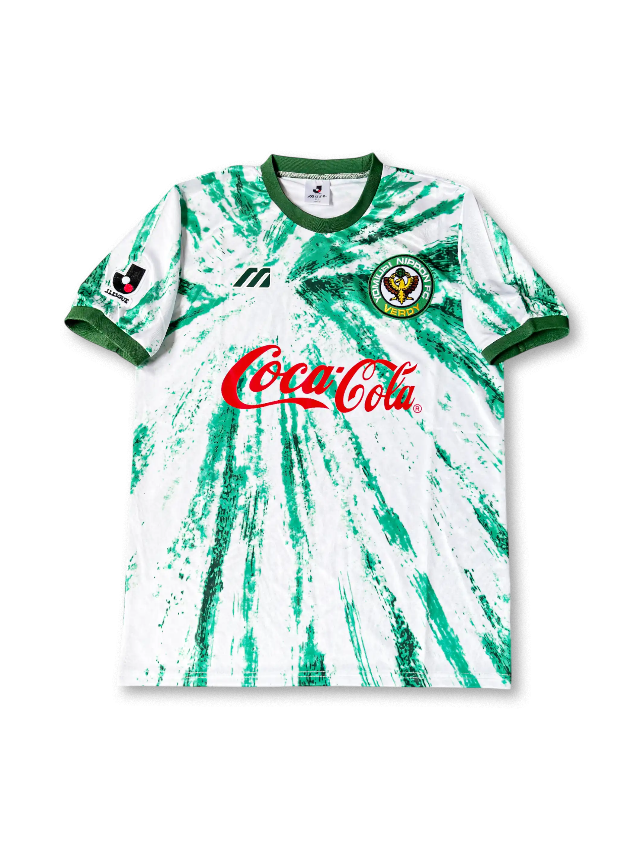 1994年ヴェルディ川崎アウェイユニフォーム、白地に緑の放射デザイン、コカコーラスポンサー付きビンテージサッカージャージ