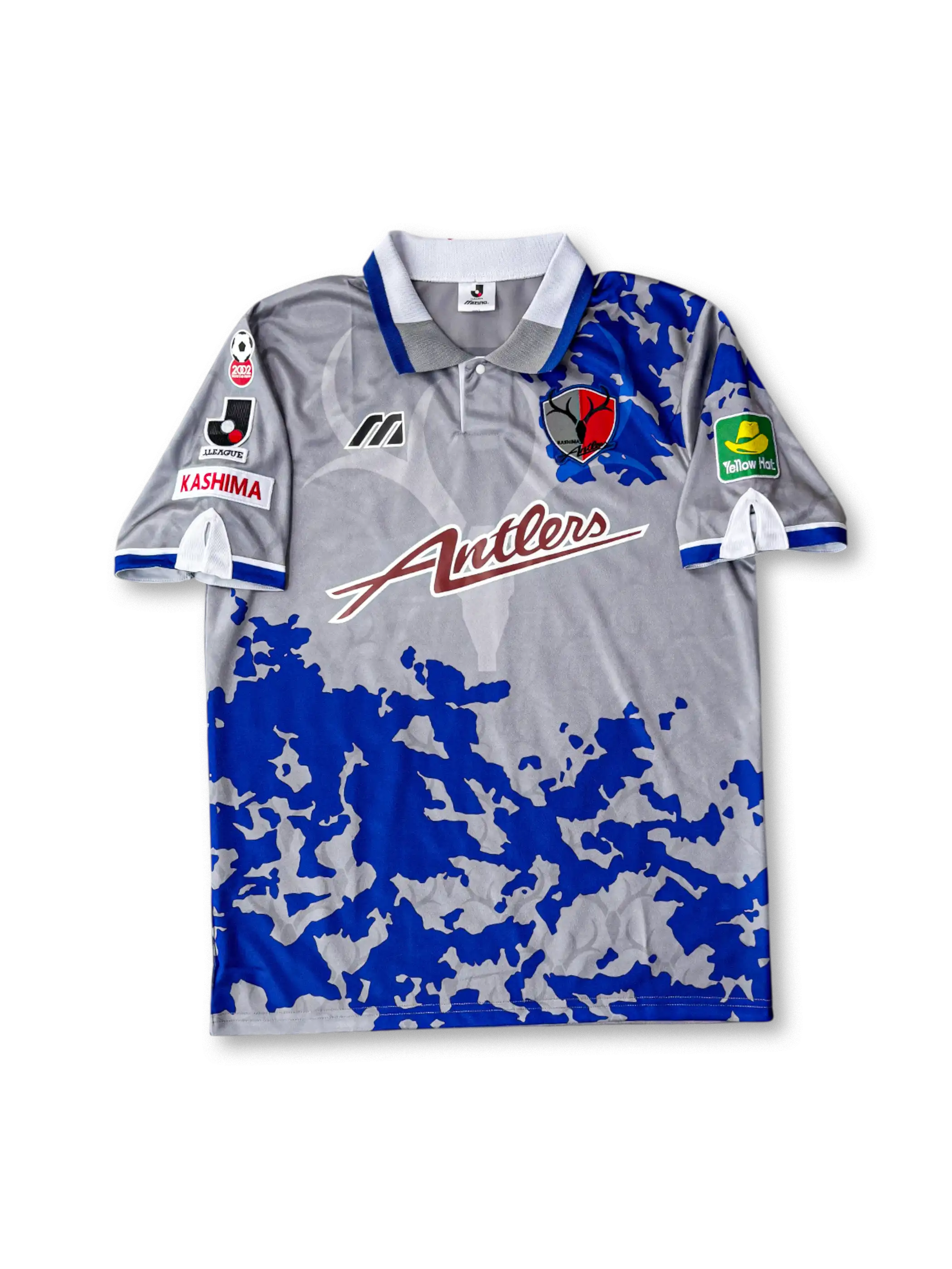 1995年鹿島アントラーズ アウェイユニフォーム 正面、シルバー×ブルー カモフラージュデザイン