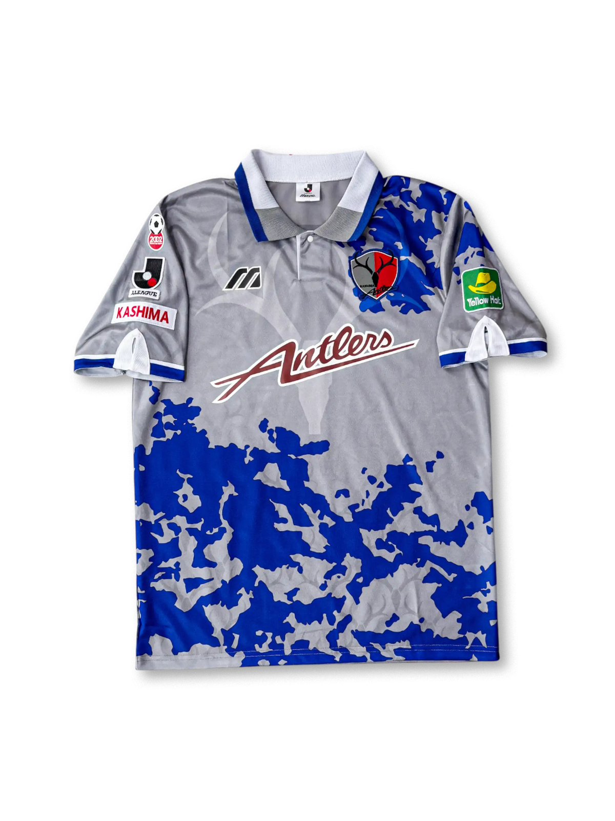 1995年鹿島アントラーズ アウェイユニフォーム 正面、シルバー×ブルー カモフラージュデザイン