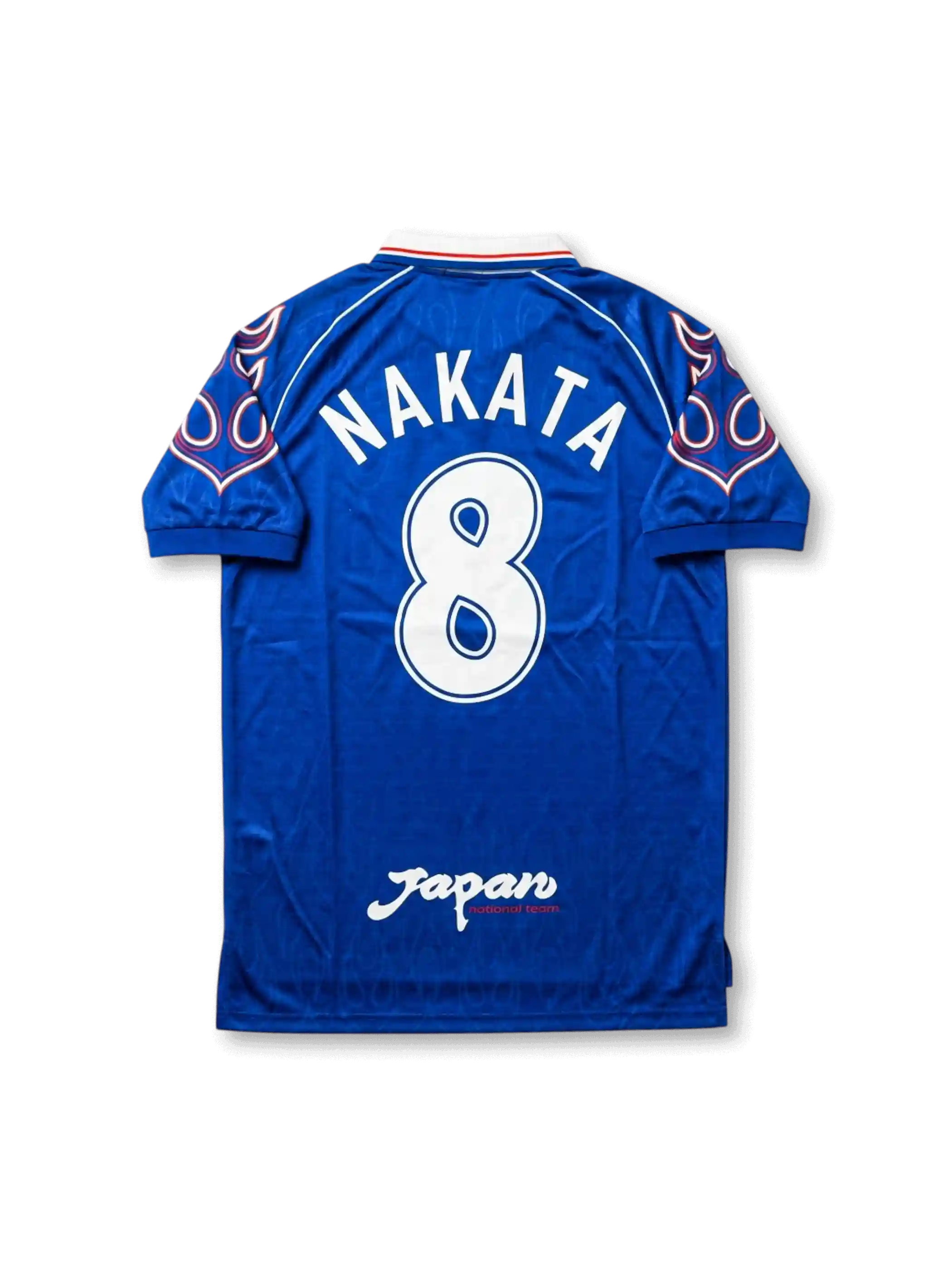 1998年日本代表ホームジャージ 中田英寿8番 フロント、ブルーボディと炎柄スリーブ、JFAエンブレム、フランスW杯表記付き