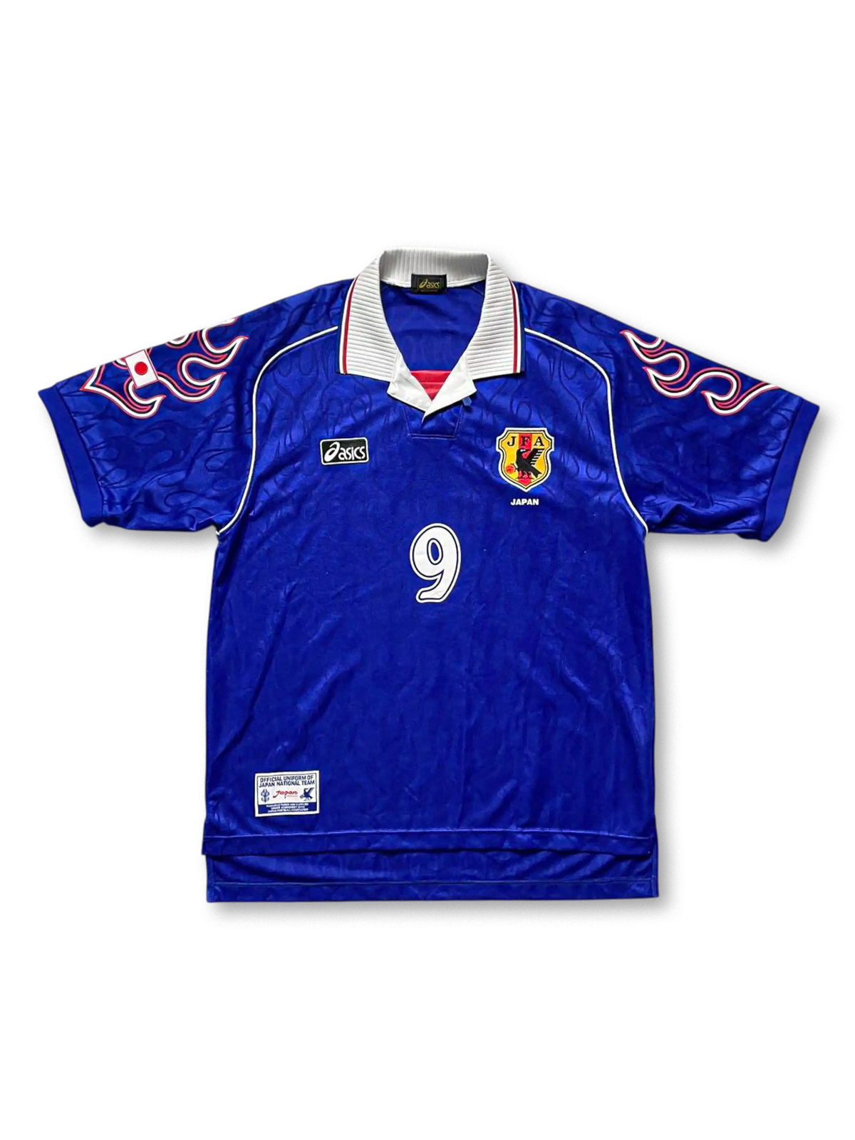 1998年日本代表ホーム中山雅史9番フランスW杯ユニフォーム、炎デザイン、アシックス製ビンテージサッカージャージ
