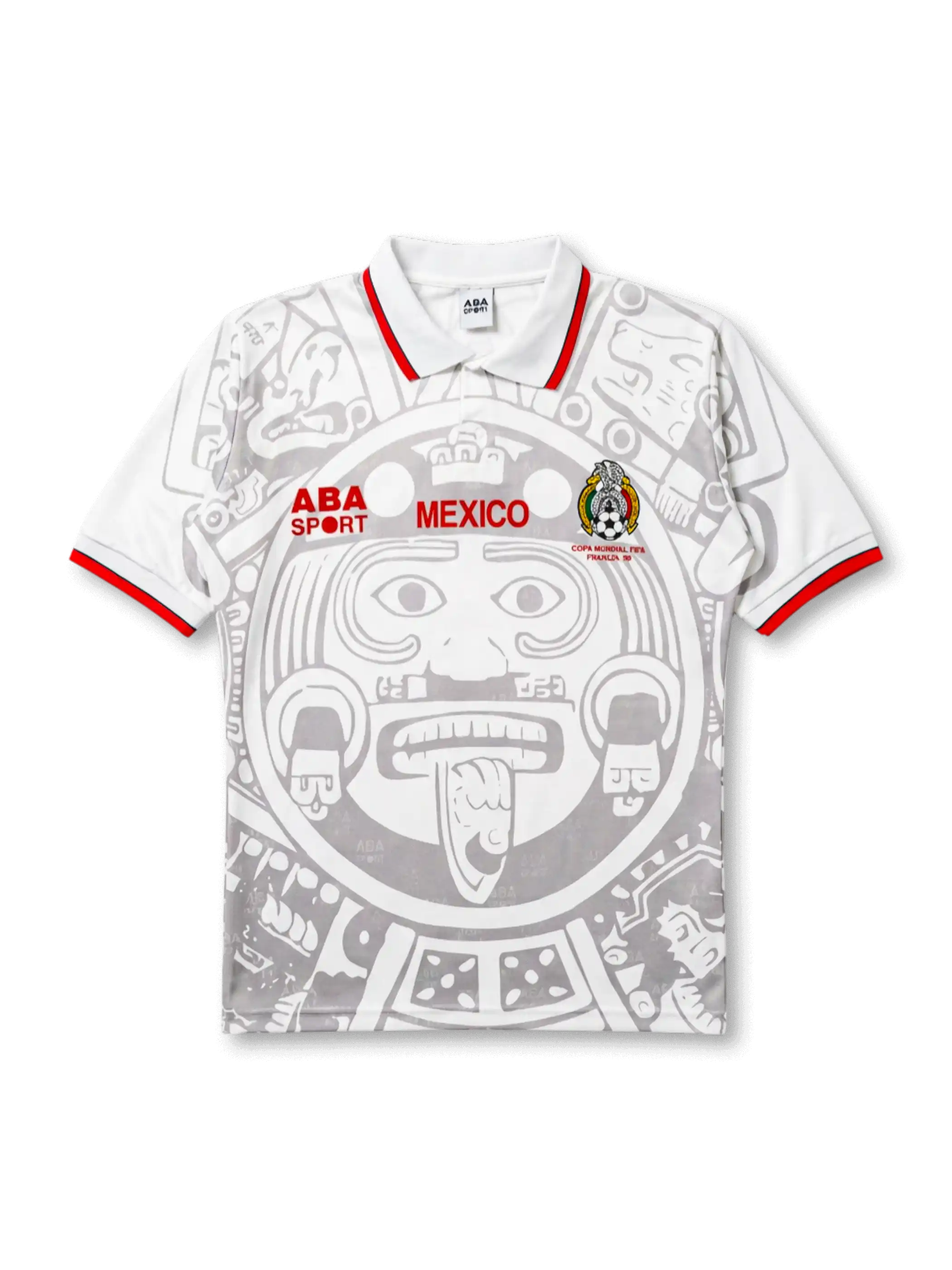 1998メキシコ代表アウェイ正面、ホワイト×アステカ太陽の石グレー全面プリント・赤ポロカラー・FMFエンブレム