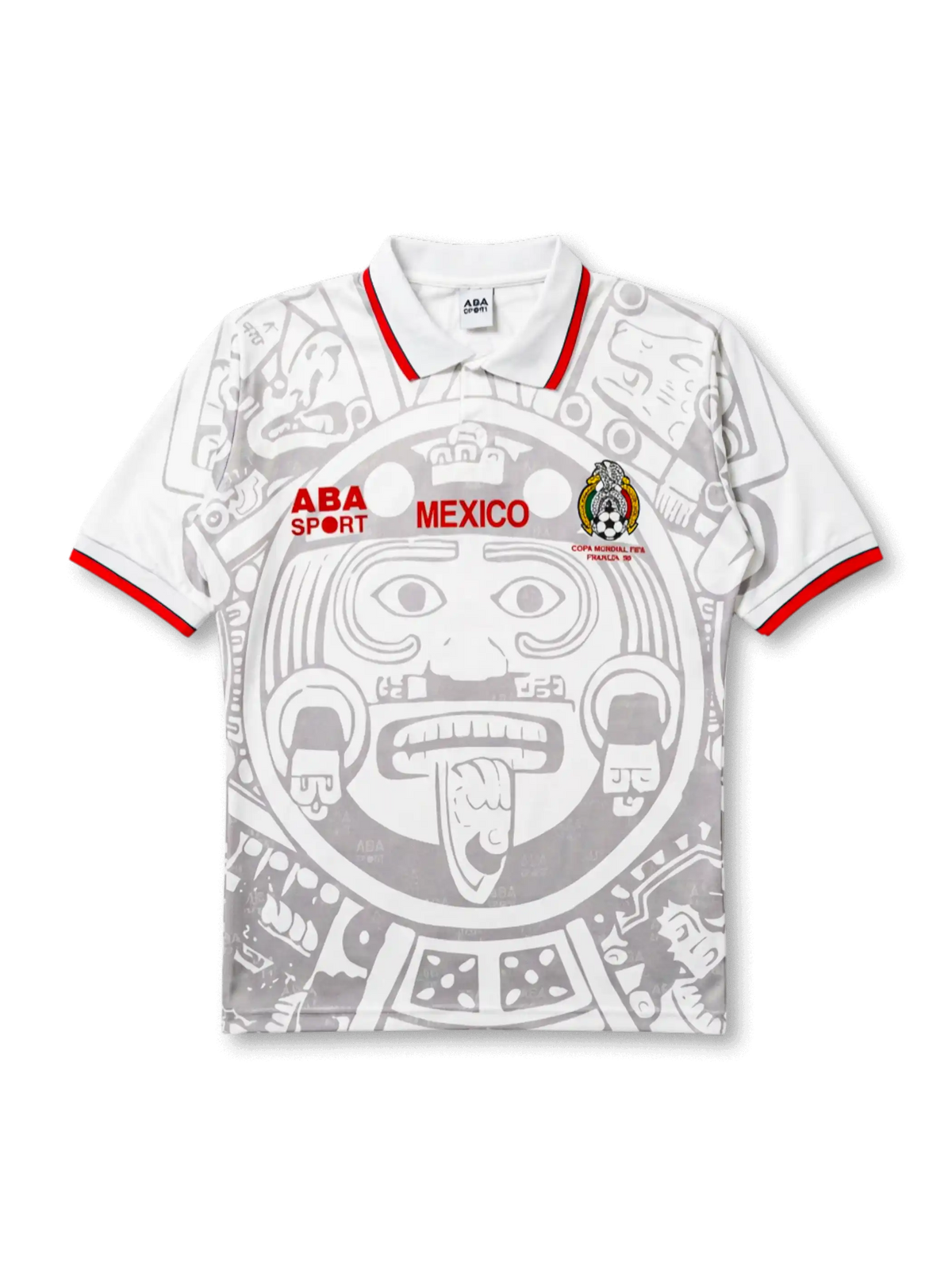 1998メキシコ代表アウェイ正面、ホワイト×アステカ太陽の石グレー全面プリント・赤ポロカラー・FMFエンブレム