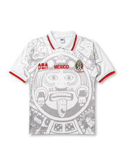 1998メキシコ代表アウェイ正面、ホワイト×アステカ太陽の石グレー全面プリント・赤ポロカラー・FMFエンブレム