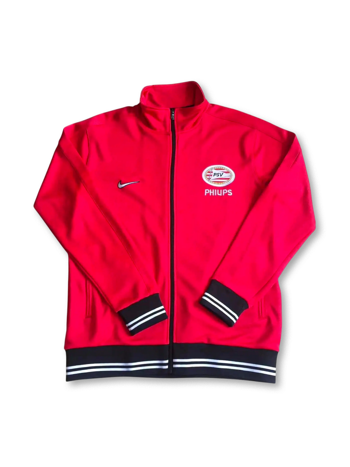 1998年PSVアイントホーフェン トラックジャケット 正面、レッド×ホワイト NikeスウッシュとPHILIPSロゴ
