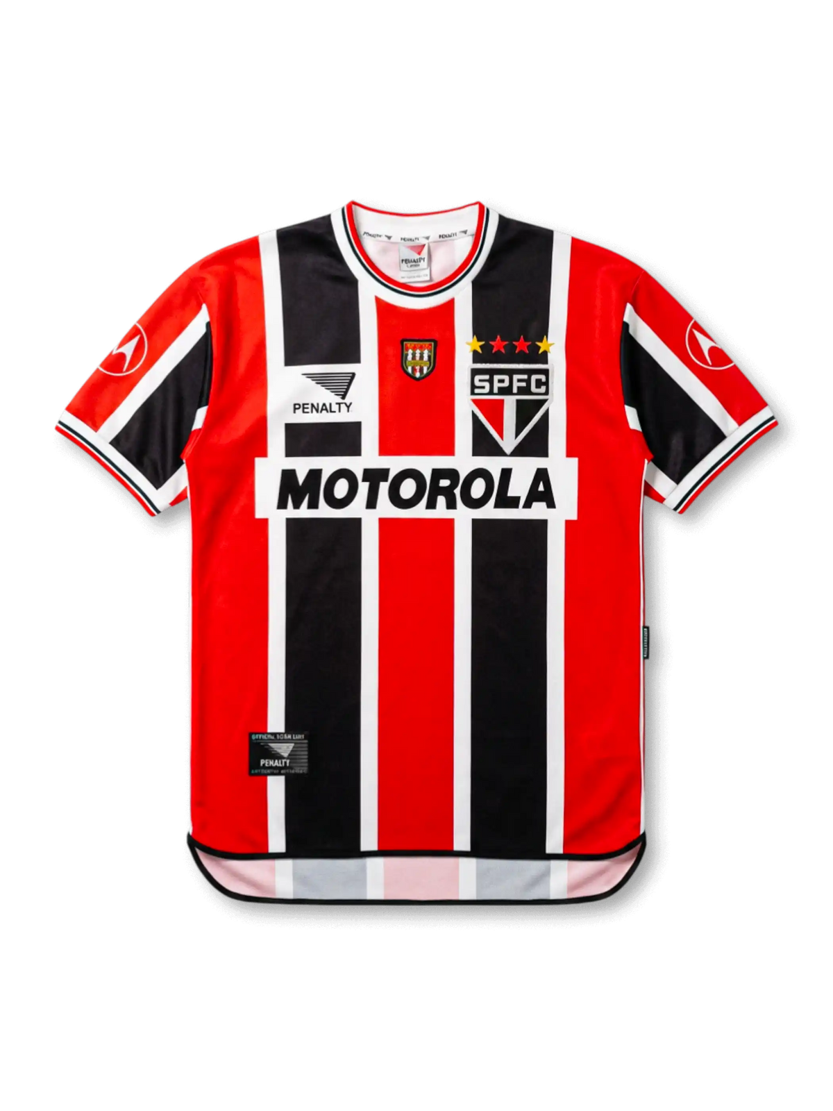 2000サンパウロFCアウェイ復刻正面、レッド×ブラック×ホワイト縦ストライプ・MOTOROLAスポンサー・SPFCエンブレム