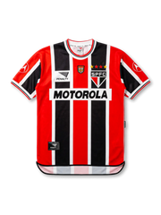 2000サンパウロFCアウェイ復刻正面、レッド×ブラック×ホワイト縦ストライプ・MOTOROLAスポンサー・SPFCエンブレム