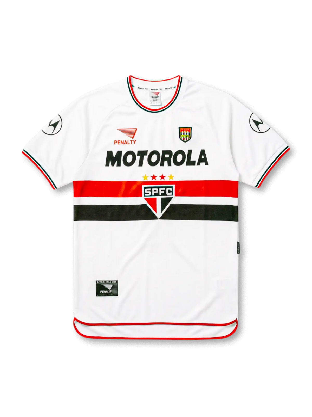 2000サンパウロFCホーム復刻正面、ホワイト×赤黒横帯・MOTOROLAスポンサー・SPFC大型エンブレム
