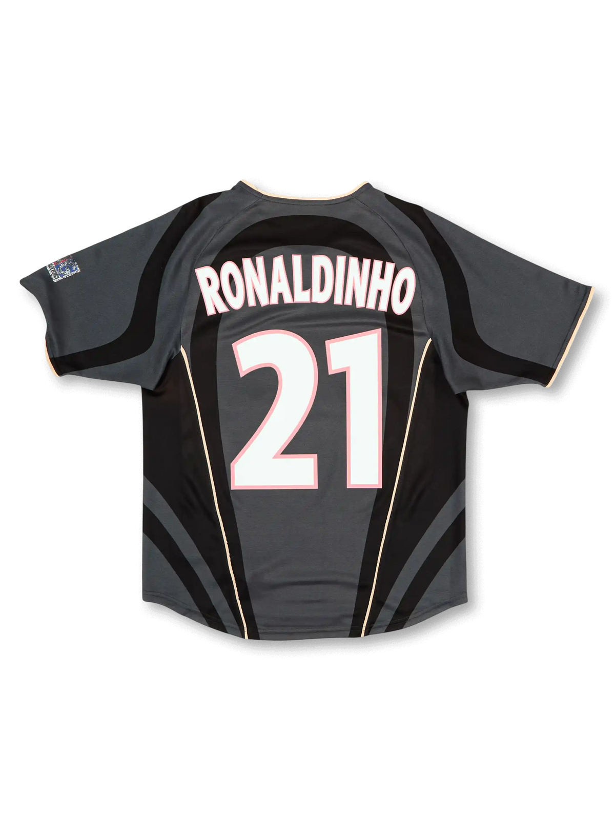 2001-02 パリ・サン＝ジェルマンサード正面、ブラック×グレーカーブパネル・クリームパイピング・OPELスポンサー・PSGエンブレム・Nike製