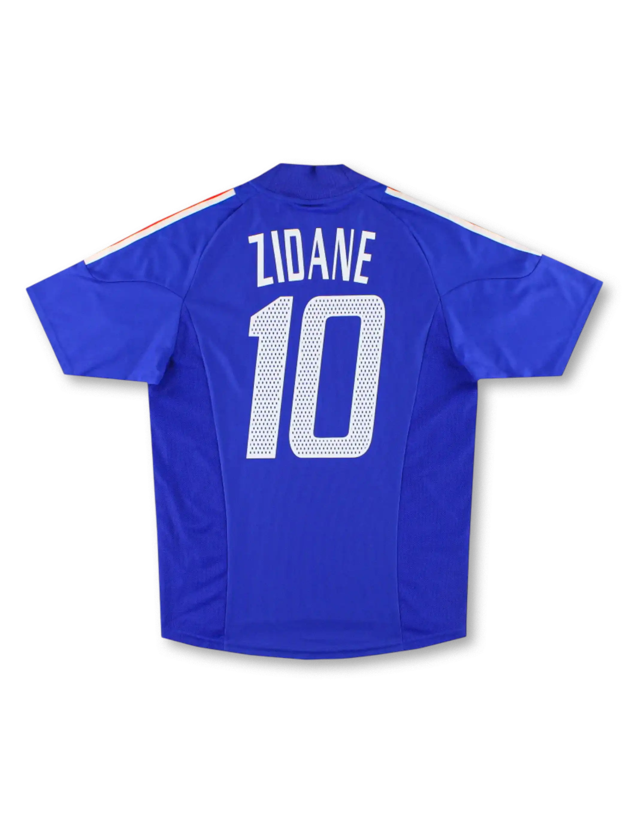 2002–04年フランス代表ホームジャージ10番ジダン、トリコロールストライプを胸にあしらったクラシックホワイトデザイン。