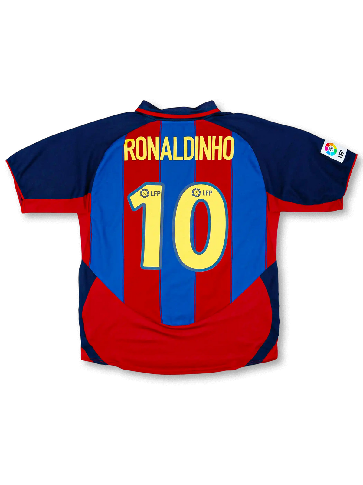 2003-04 FCバルセロナホーム正面、ブルー×レッド縦ストライプ・ネイビーラグランパネル・FCBエンブレム・スポンサーなし・Nike製