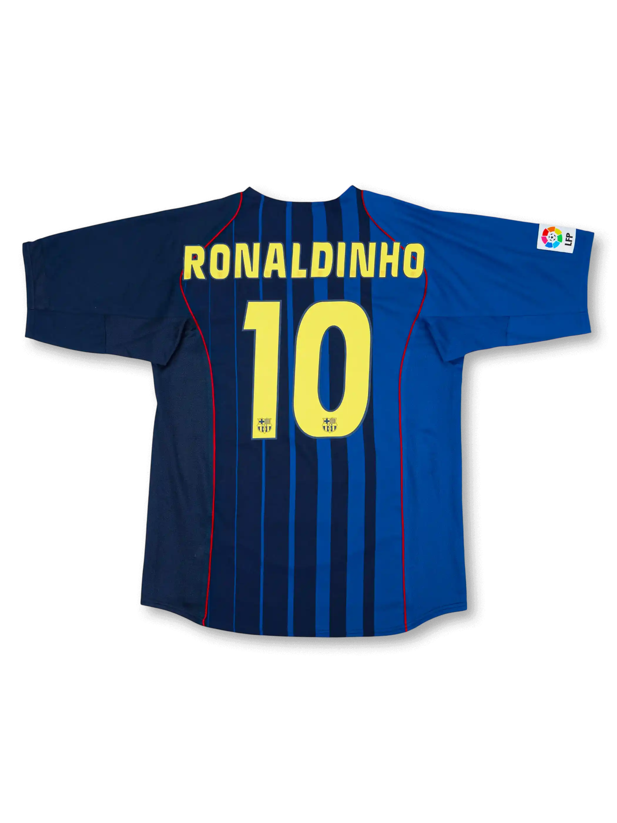 2004-05 FCバルセロナアウェイ正面、ロイヤルブルー×ネイビー縦ストライプ・レッドサイドパイピング・FCBエンブレム・スポンサーなし・Nike製