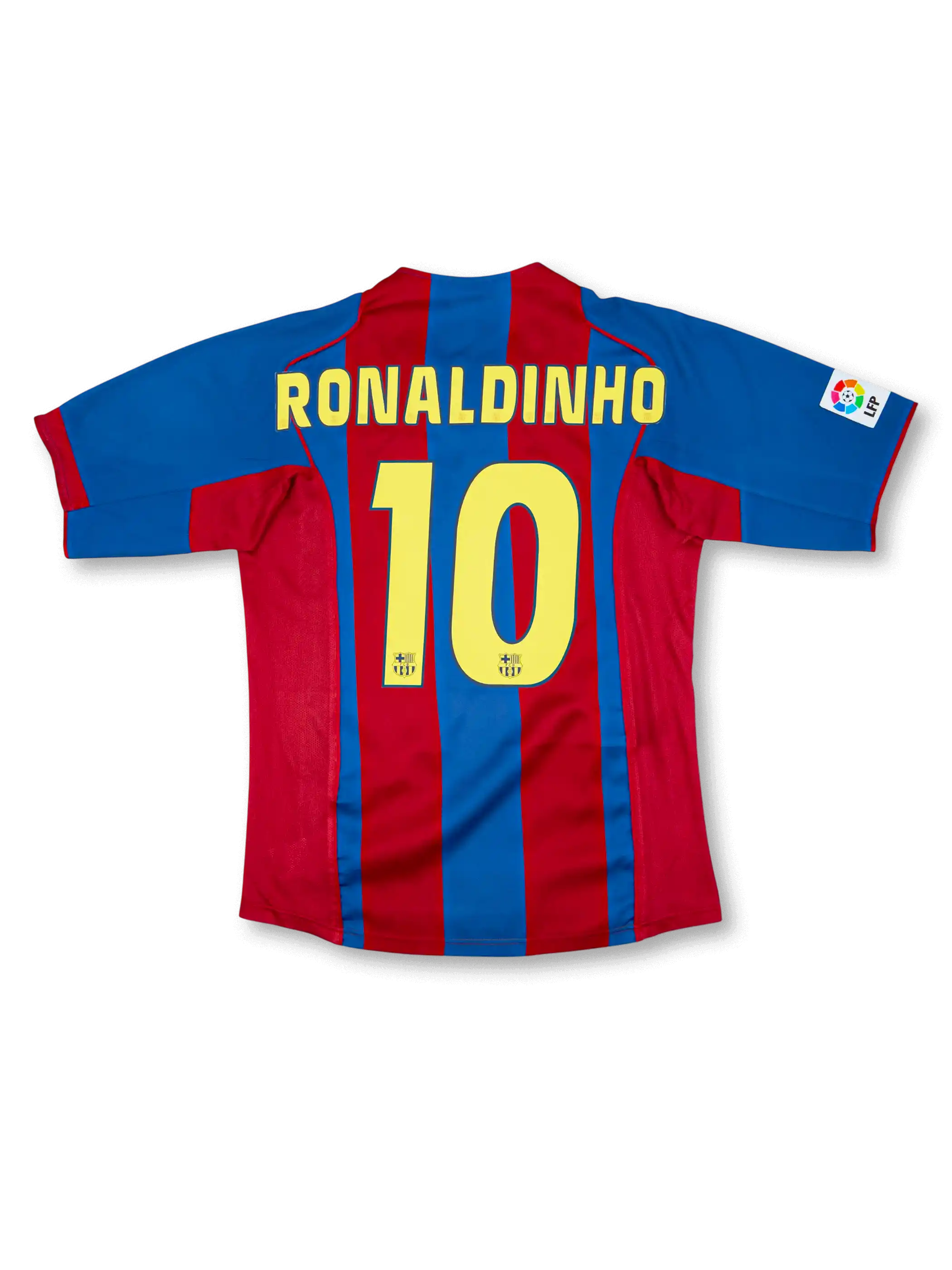 2004-05 FCバルセロナホーム正面、ブルー×レッド縦ストライプ・FCBエンブレム・スポンサーなし・Nike製