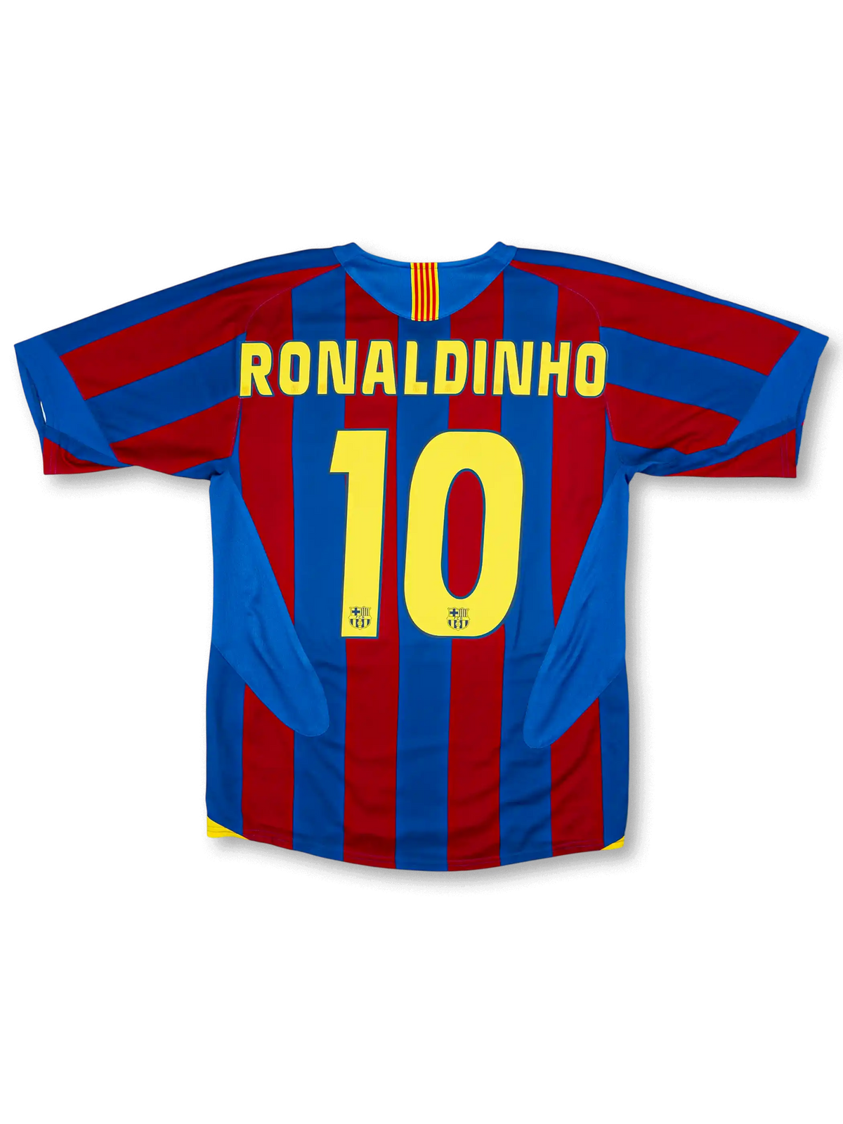 2005-06 FCバルセロナホーム正面、ブルー×レッド縦ストライプ・イエローサイドスリット・FCBエンブレム・スポンサーなし・Nike製