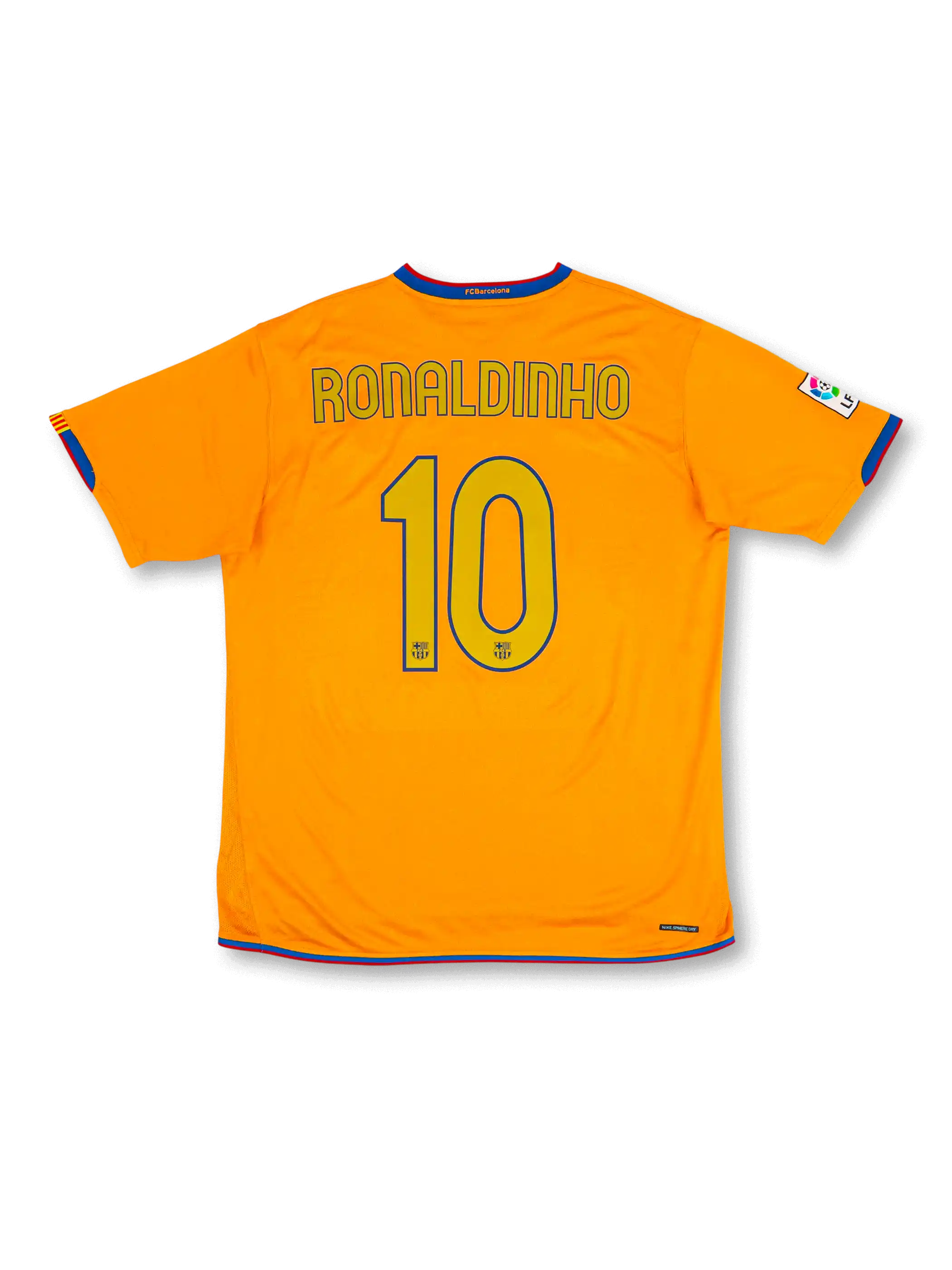 2006-07 FCバルセロナアウェイ背面、オレンジ×ブルーレッドトリコロールトリム・ロナウジーニョ#10ゴールドネーム・FCBエンブレム・Nike製
