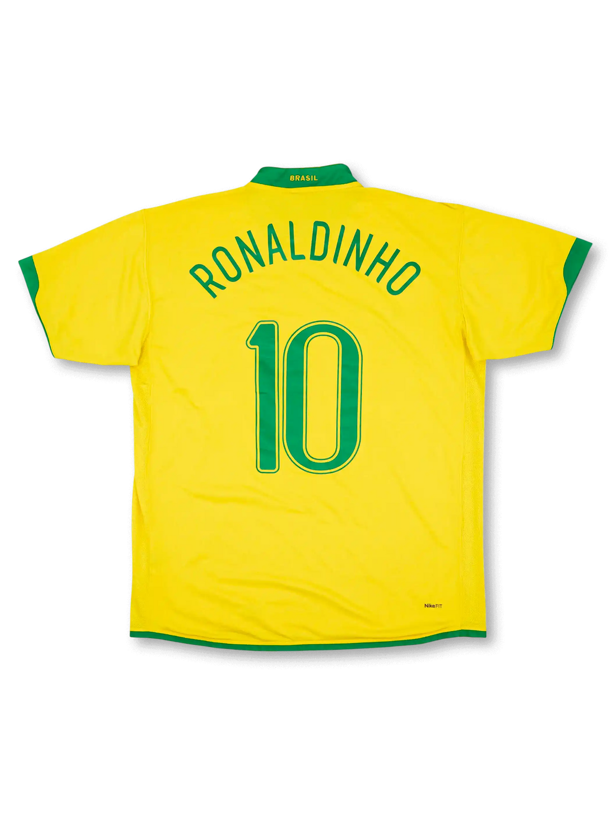 2006-08 ブラジル代表ホーム背面、カナリアイエロー×グリーントリム・ロナウジーニョ#10グリーンネーム・NikeFIT搭載・Nike製