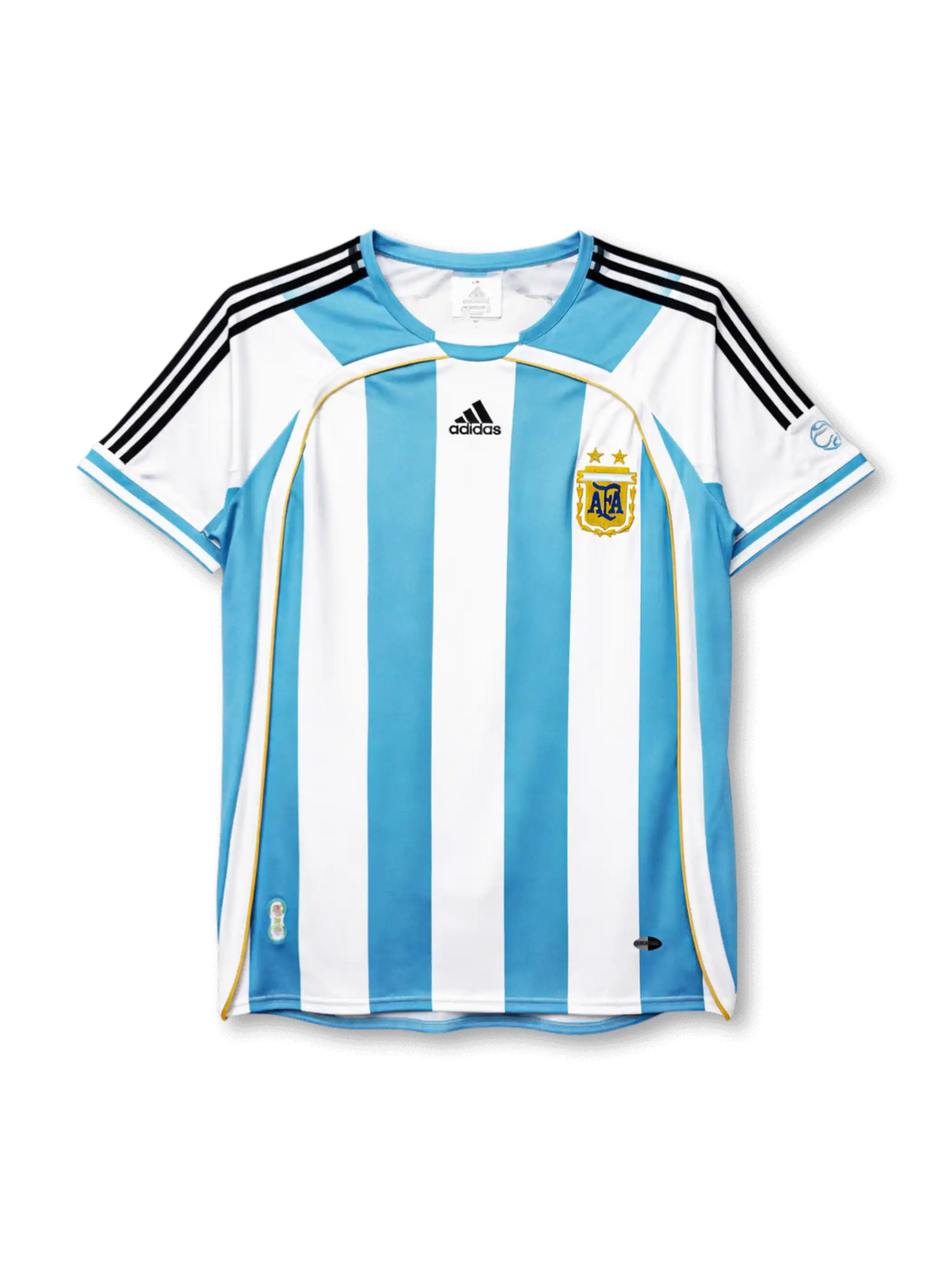 2006アルゼンチン代表ホーム正面、スカイブルー×ホワイト縦ストライプ・ゴールドパイピング・FIFA W杯パッチ