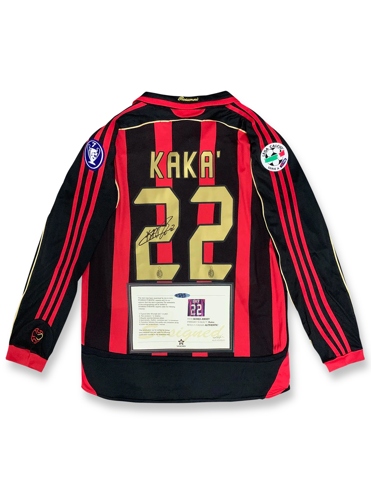 2006-07シーズン ACミランホームユニフォーム、カカサイン入り22番長袖、セリエA公式試合用デザイン