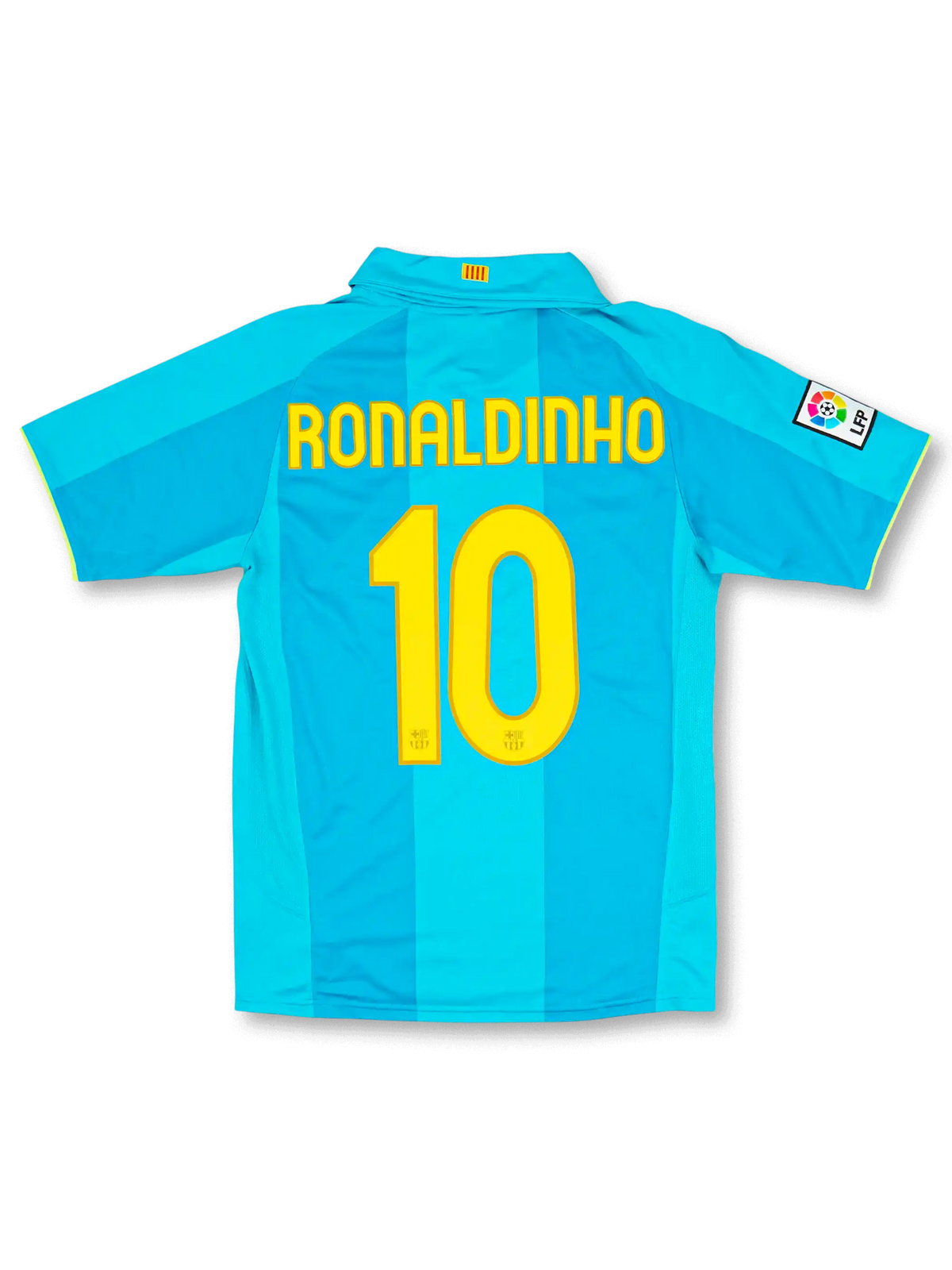 2007-08 FCバルセロナアウェイ正面、シアン縦ストライプ×ライムイエロートリム・UNICEFスポンサー・カンプノウ50周年記念エンブレム・Nike製