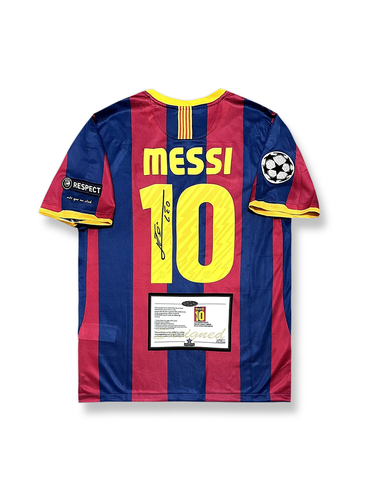 2011年FCバルセロナホームユニフォーム リオネル・メッシ サインプリント 赤青縦縞 ナイキ刺繍スウッシュ＆クラブエンブレム付き