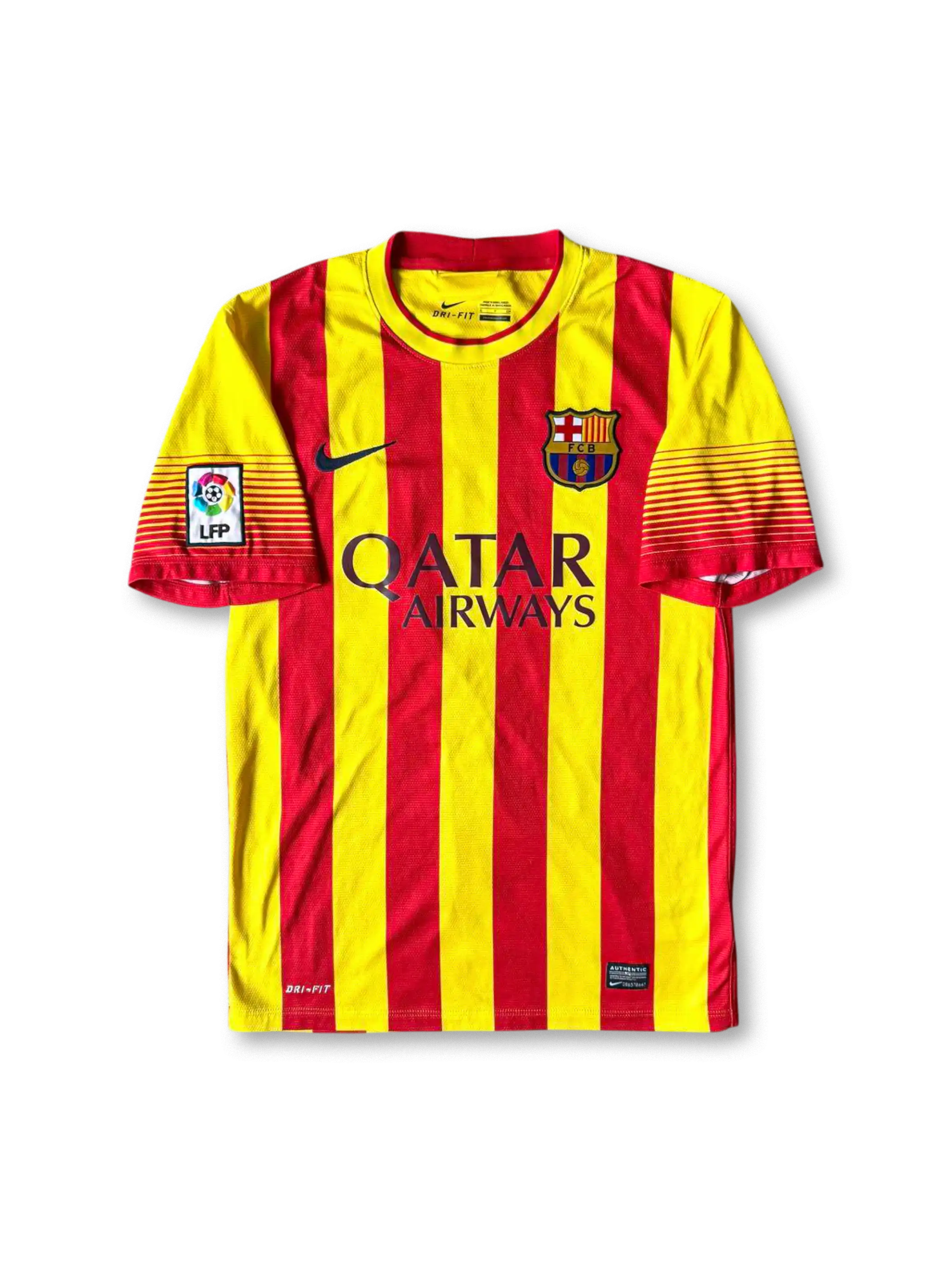 2013-14年FCバルセロナアウェイユニフォーム、カタルーニャ旗セニェーラデザイン、Qatar Airwaysスポンサー付きクラシックサッカーシャツ
