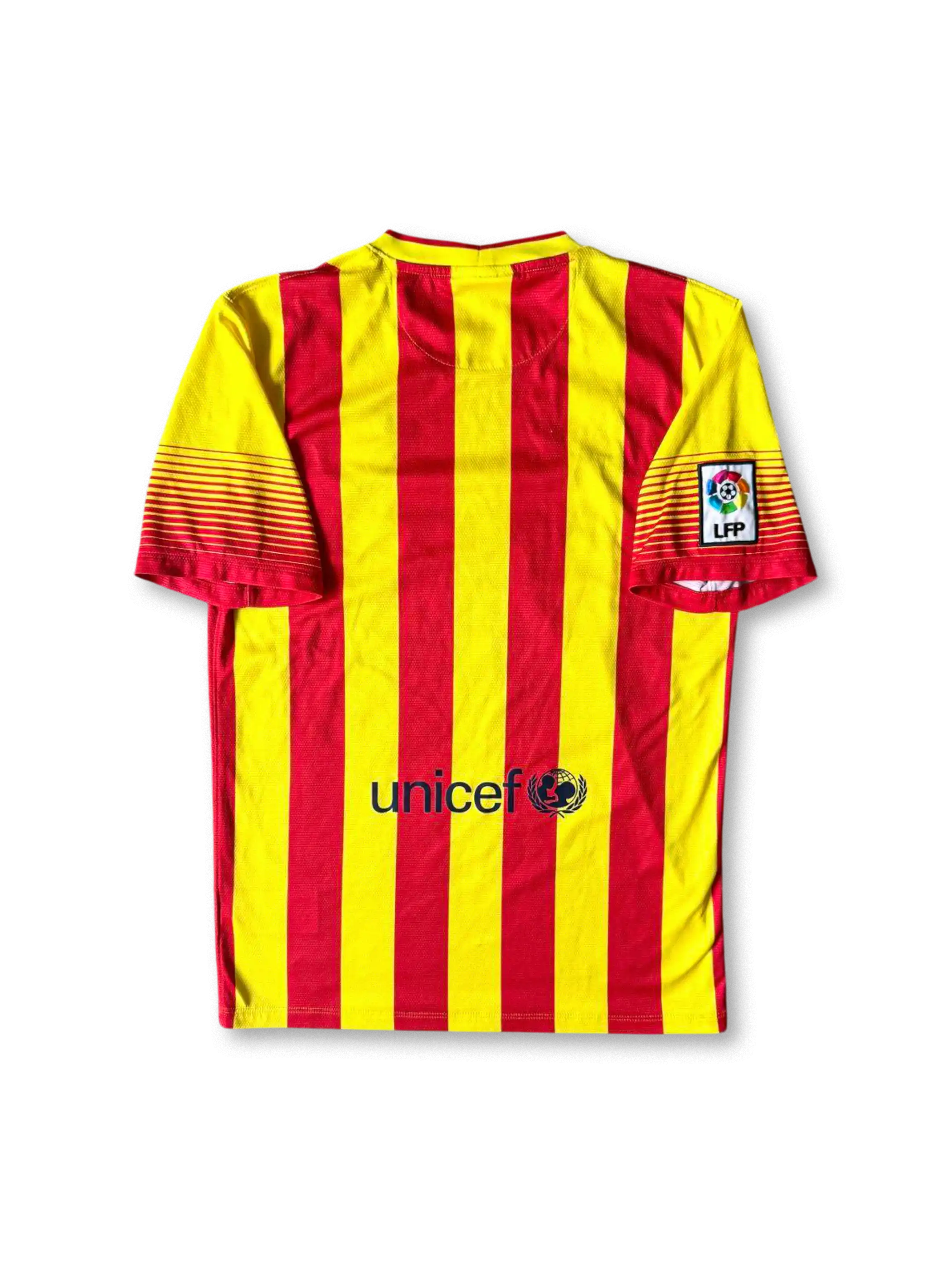 2013-14年FCバルセロナアウェイユニフォーム、カタルーニャ旗セニェーラデザイン、Qatar Airwaysスポンサー付きクラシックサッカーシャツ
