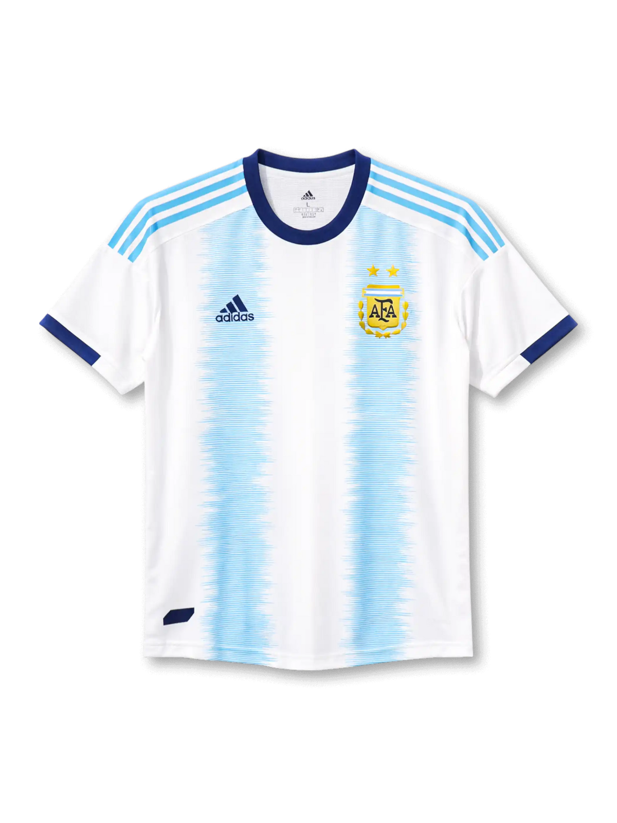 2019アルゼンチン代表ホームプレイヤーイシュー正面、波形スカイブルー縦ストライプ・ネイビーカラー・AFAゴールドエンブレム