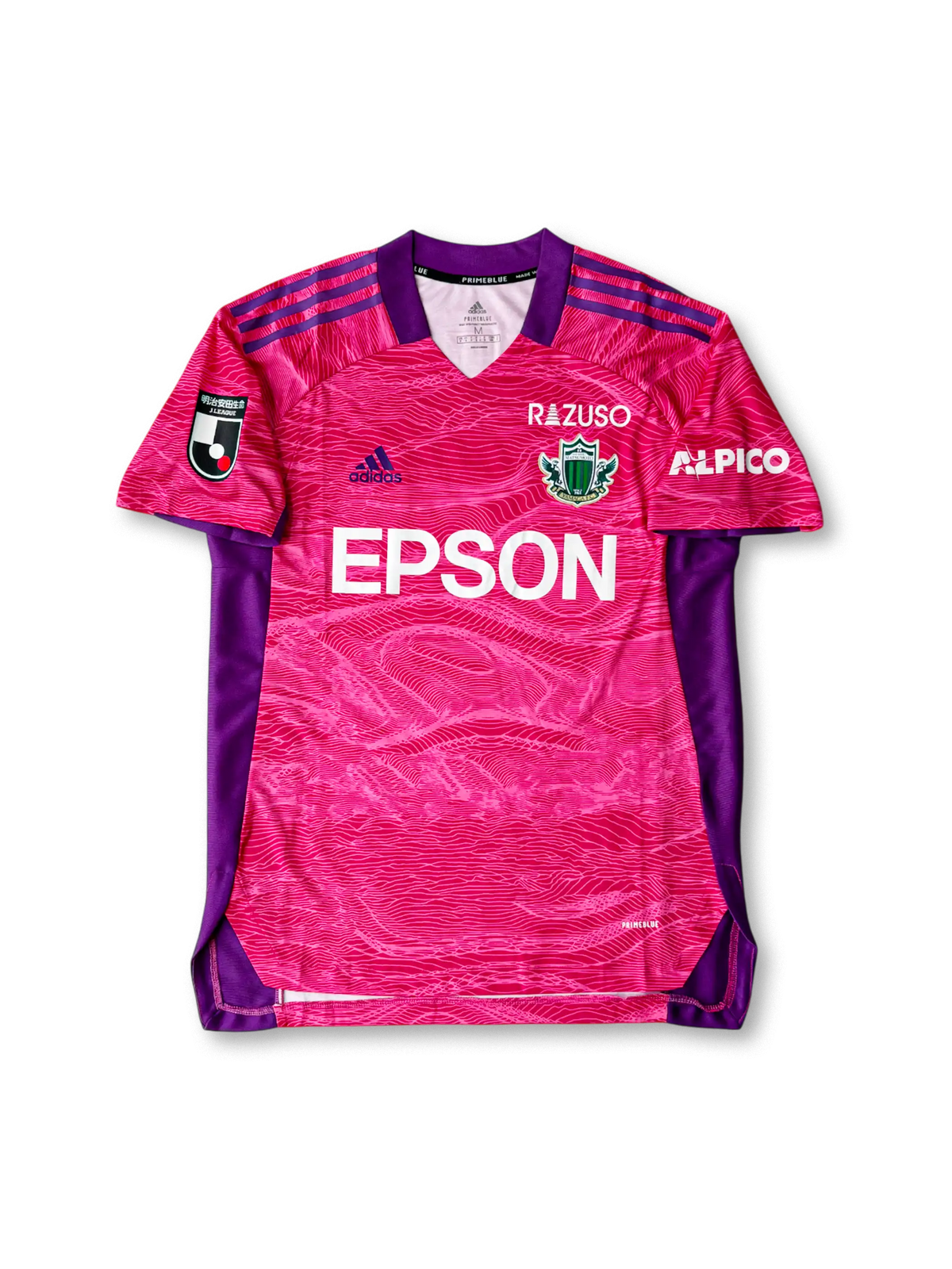 2021年松本山雅FC ゴールキーパーユニフォーム 正面、EPSONロゴと等高線モチーフのデザイン