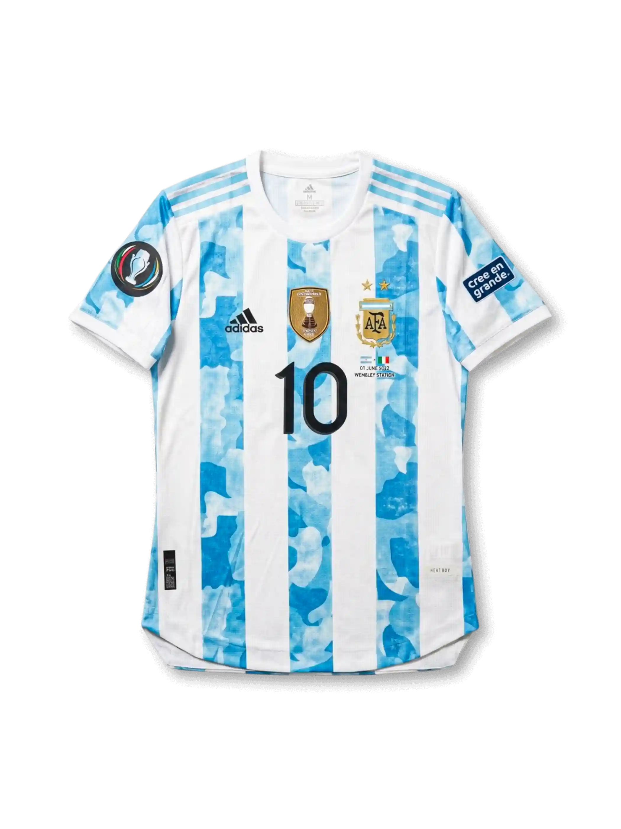 2022年アルゼンチン代表 フィナリッシマ メッシ10番 フロント、スカイブルーストライプとAFAエンブレム、優勝記念パッチ付き