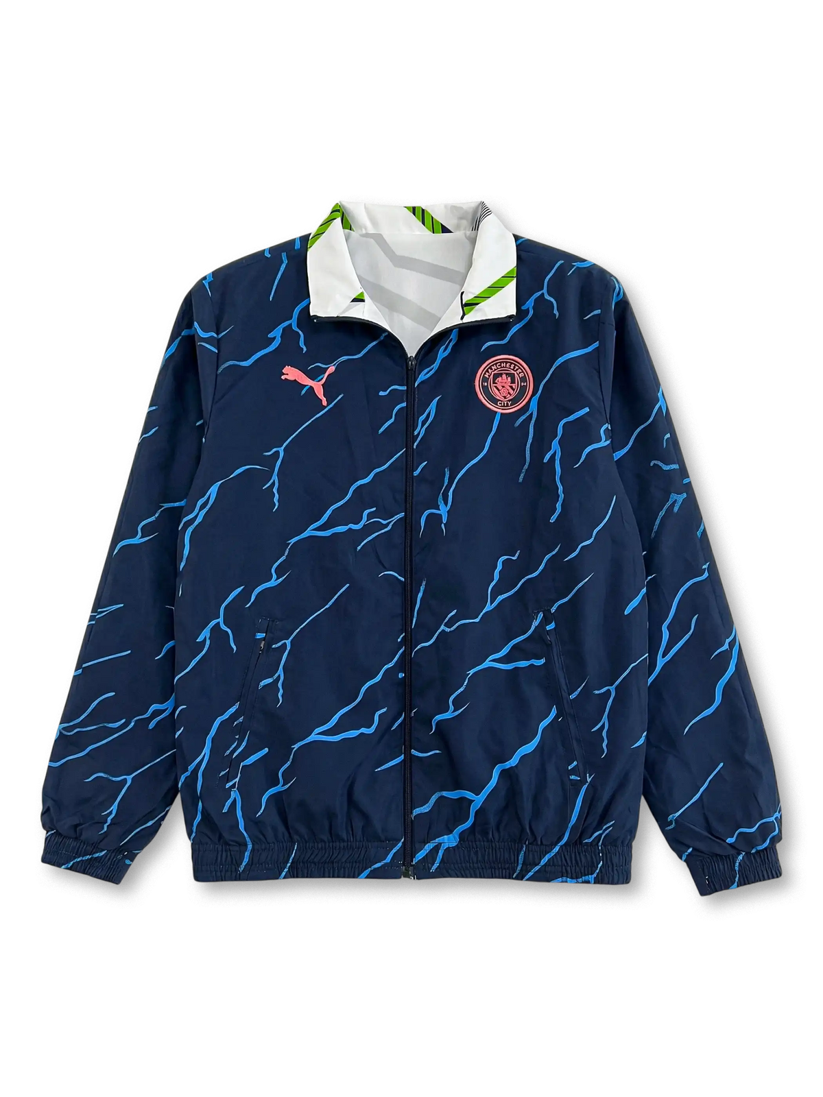 ホワイト×ネイビー×ライムグリーン幾何学柄のマンチェスター・シティ ウィンドブレーカー正面
