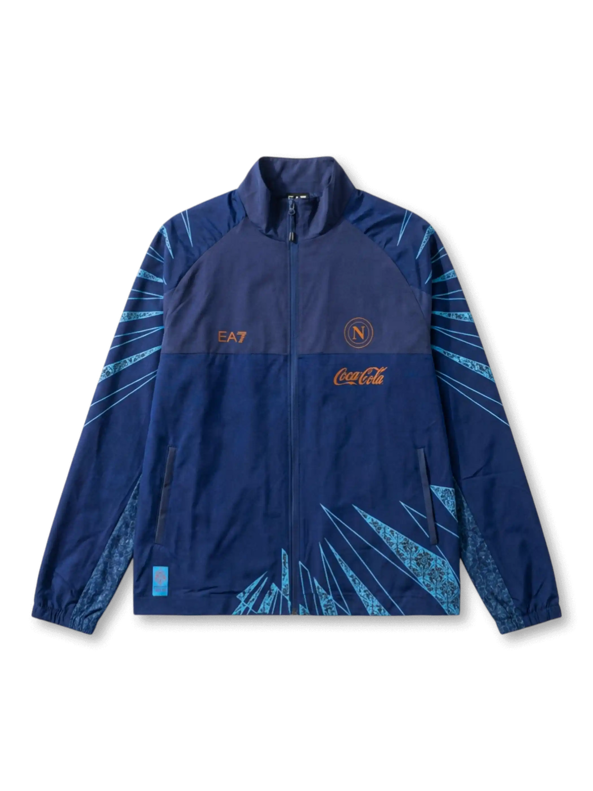 2024-25 SSCナポリ EA7プレゼンテーションジャケット正面、ネイビー×スカイブルー放射線パターン・Coca-Colaロゴ